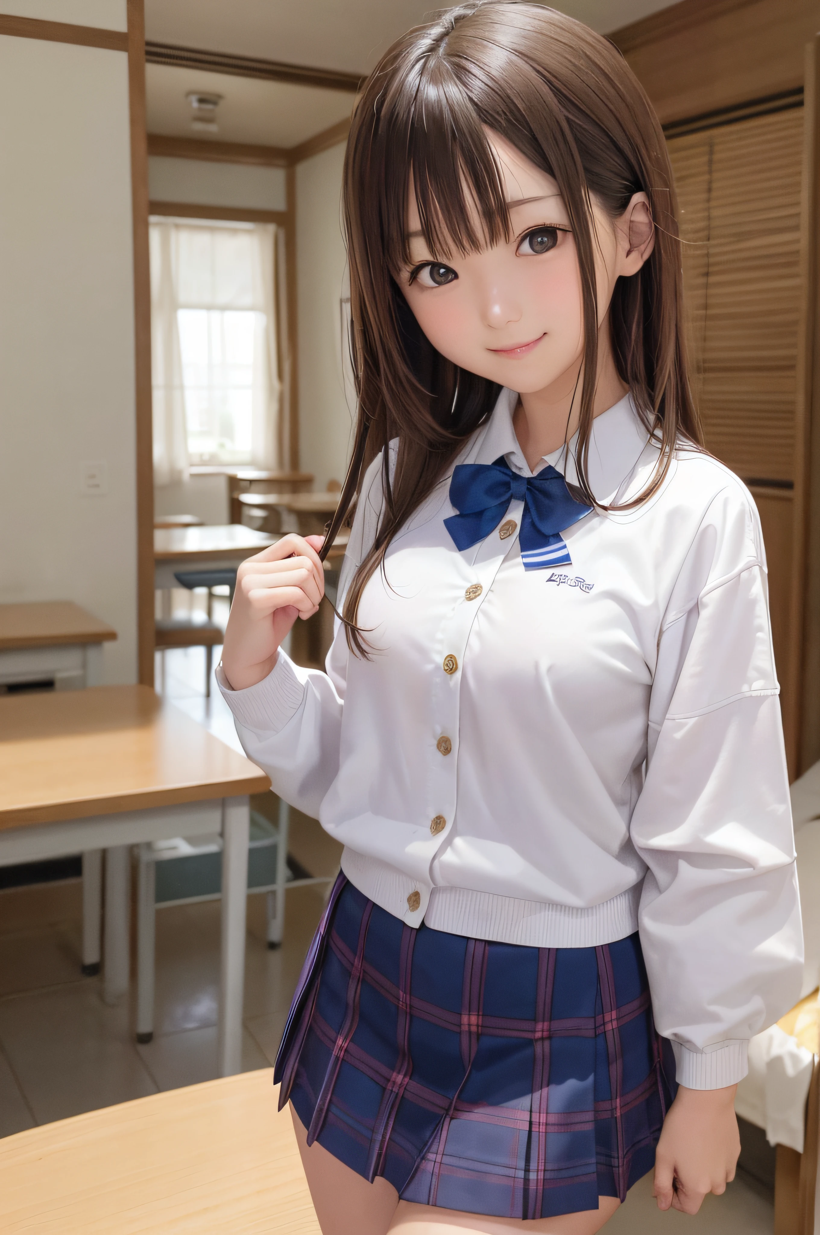 Completely immaculate background、White back、 student、soio、brown haired、beautidful eyes、real looking skin、A detailed eye、hi-school girl、(8K、​masterpiece)、(reallistic、Photorealsitic)、top-quality、ighly detailed、The ultra-detailliert、Beautie、cute little、japanes、a smile、Close-up portrait、Healthy face、schools、School uniform、Cardigan、plaid skirts