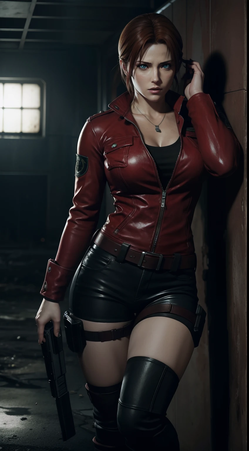 Resident Evil 6,ada,Ada Wong,ultra-quality,Photorealsitic,a red jacket,Black leather pants,An ultra-high picture quality,Digital SLR,Based on anatomical grounds,Depicted in detail,flat boobs,A slight smil,Detailed face,