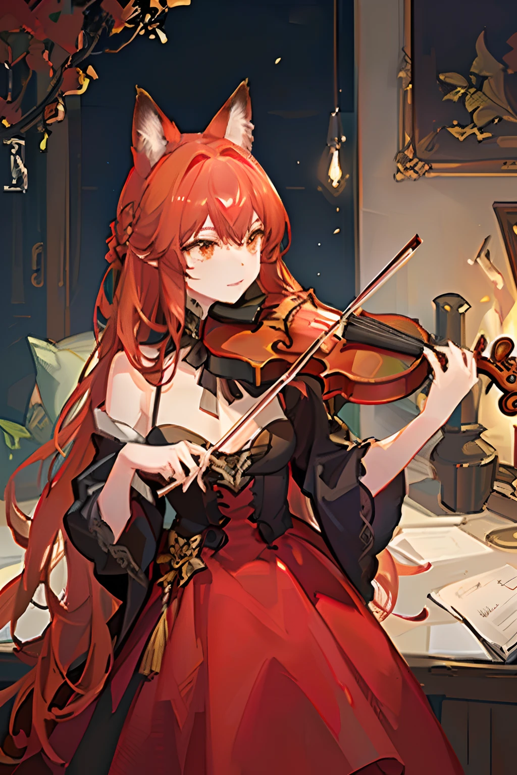 Red long-haired,Red fox ears,Golden eyes,violin,playing violin