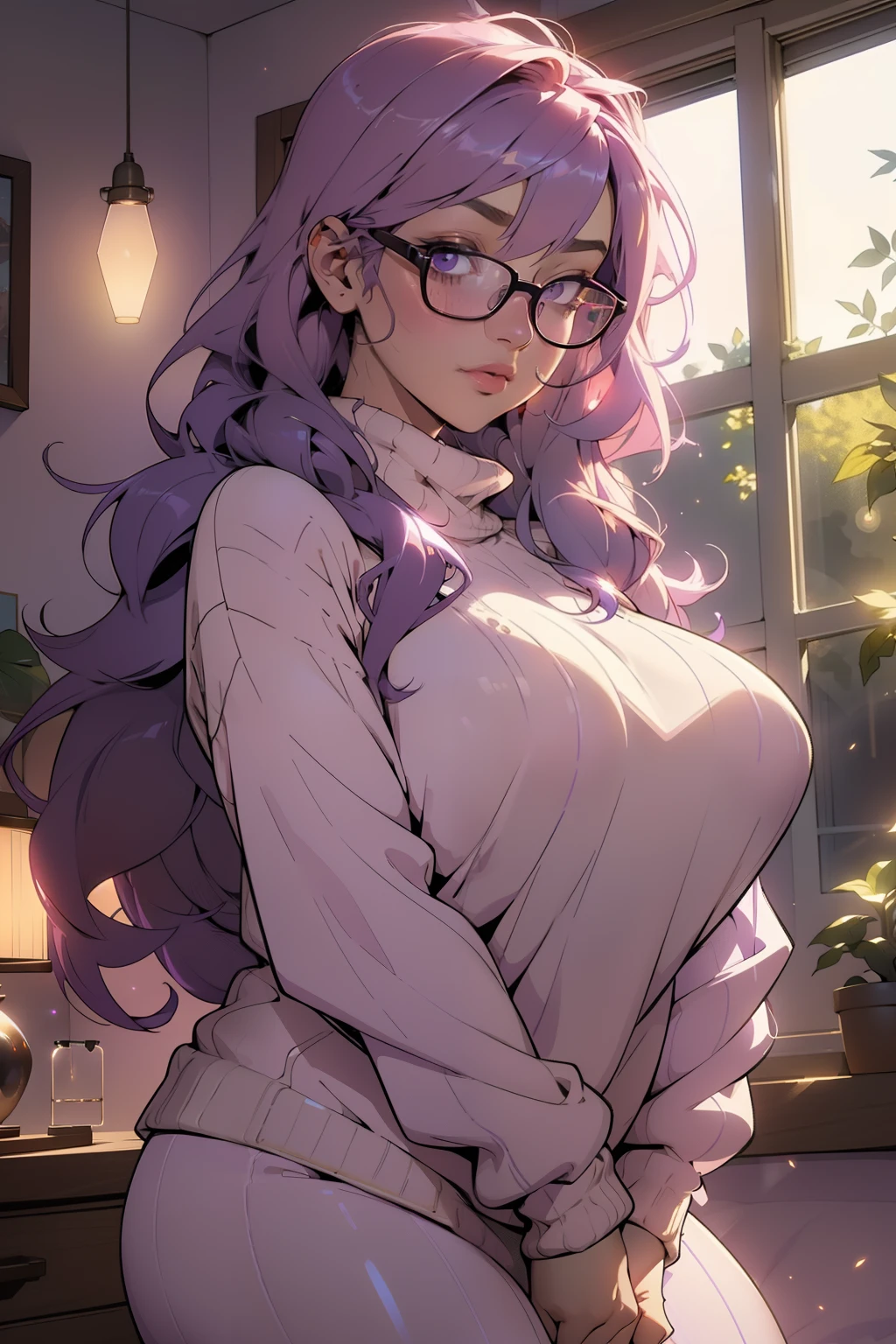 beautiful young woman, 4k, high quality, dynamic light, godrays, beautiful lighting, dynamic lighting and shadows, light through foliage, big breasts, big heavy sweater, loose sweater, very loose sweater that's too big, big puffy pajama pants, pink thick pajamas, glowing hair, glowing purple hair, room, glasses, wearing glasses, nerdy, dorky, chubby, long purple hair, highlights, shining skin, glowing lights, bright reflections, shimmering light reflections, pulling sweater, tugging on sweater