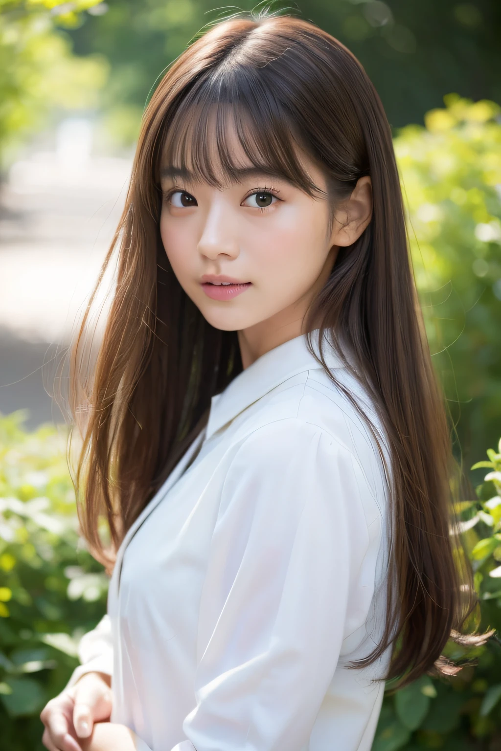 Create a high-resolution portrait of a young Japanese woman resembling the actress Minami Hamabe. She has a gentle and calm demeanor, with fair, clear skin and long, silky black hair that frames her face. Her eyes are large, almond-shaped, and a deep brown color, exuding a sense of innocence and curiosity. Her facial features are soft and balanced, with a slight blush on her cheeks and natural makeup that highlights her beauty. She wears a simple, elegant dress in pastel colors, standing against a softly blurred background that emphasizes her peaceful and elegant aura. The lighting is natural and soft, highlighting her delicate features and creating a warm, inviting atmosphere.