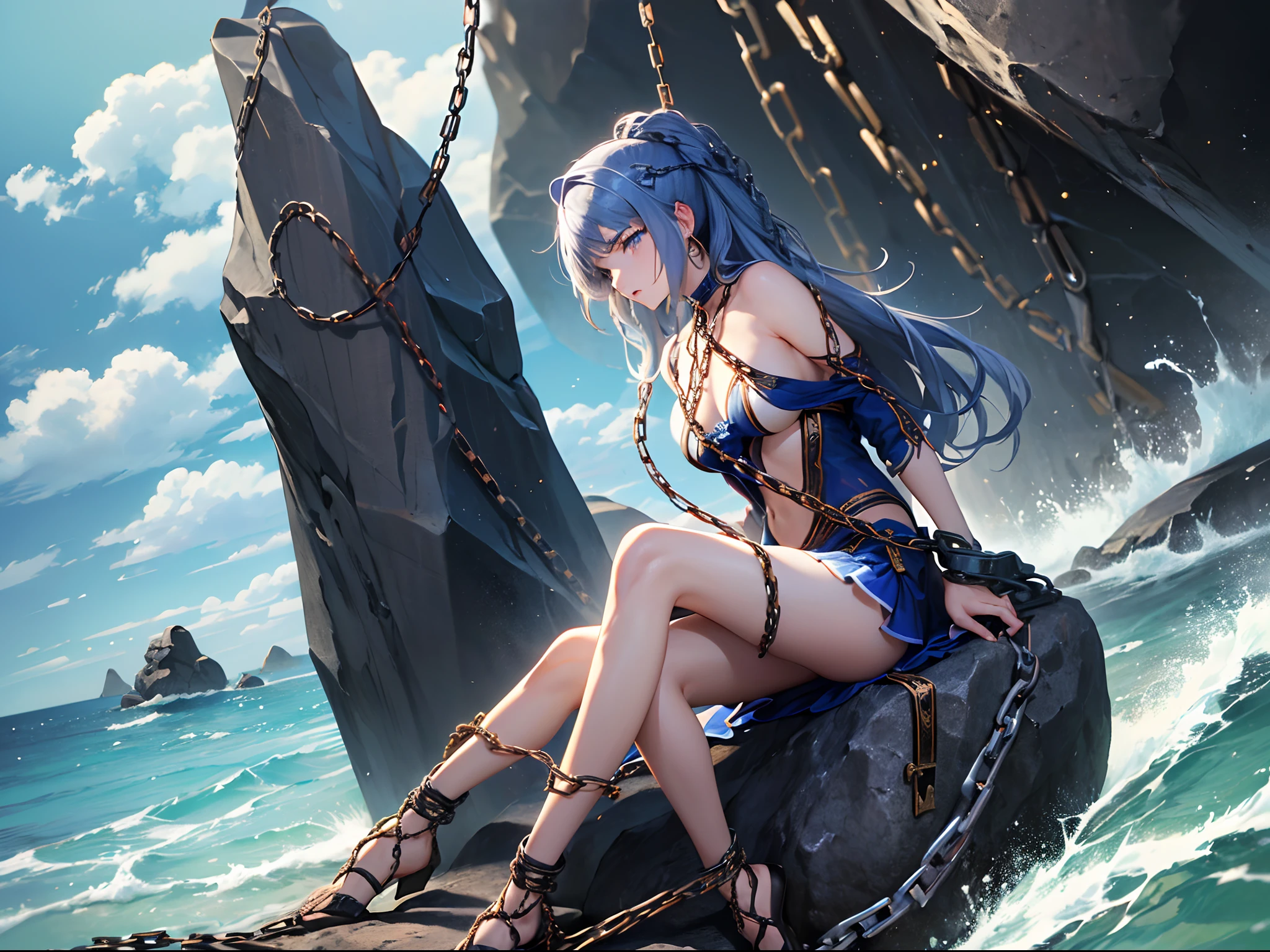 ((Finest quality)),(超A high resolution),(ultra-detailliert),(Meticulous portrayal),((Best Anime)),(Finest works of art),sharpnes,Clair, (1 Andromeda tied to a rock with chains:1.4),anguished expression:1.3, Rough seas:1.3