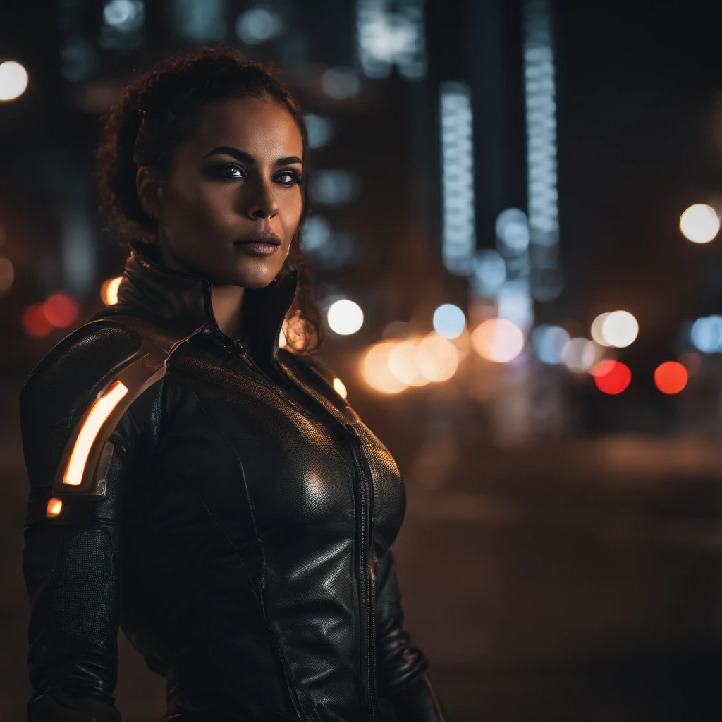 Retrato, Mulher, Vigilante, with mask, crescimento completo, hiper-realista, pequenos detalhes insanos, linhas extremamente limpas, obra-prima apresentada em Zbrush Central, cyberpunk, foto premiada, bokeh, luzes neon, noite escura, chuva forte, luzes da cidade brilhantes