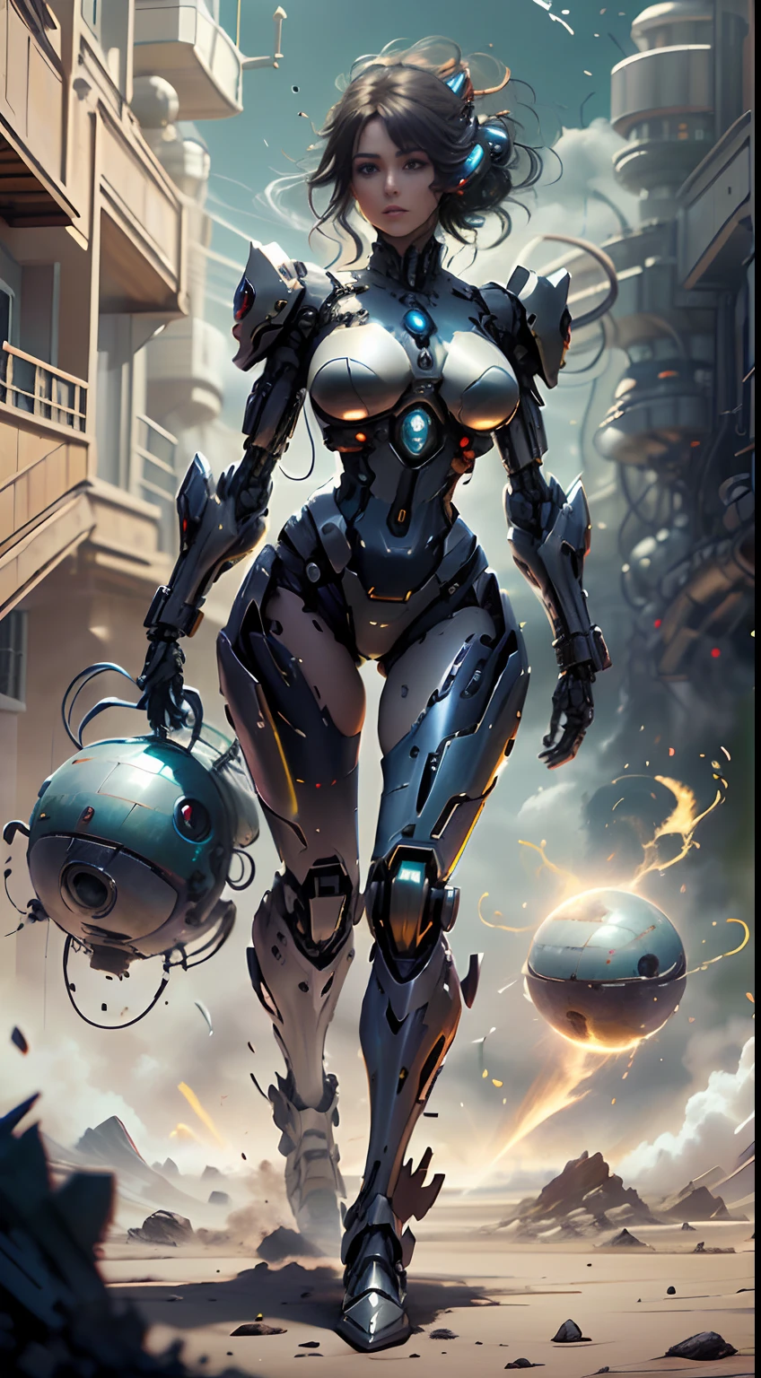 (8k, La mejor calidad, Obra maestra:1.2 Hermosa mujer, pelo corto  ojos azules Ojos azules 4k voluptuoso cuerpo entero, Usando armadura estilo Master Chef, condenar,  precioso y hundido, sculptural body, usando mecha de metal desgastado, campo de batalla, alien planet,  Alien structures destroyed by battle,