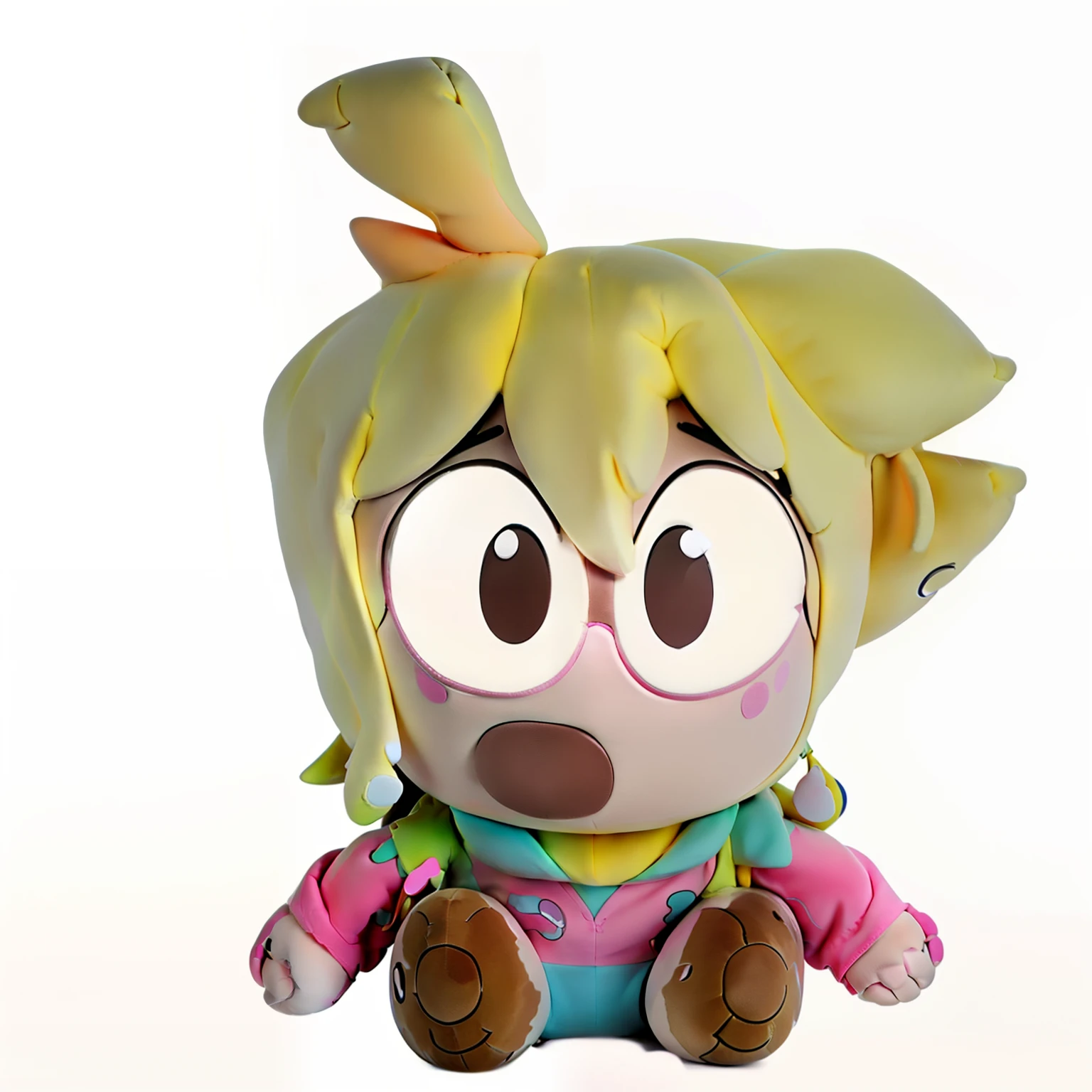 cartoon plushi of a with a yellow scarf pink shirt and brown hair, cel shaded!!!, plushie, cartoony style, cartoonish cute, chibi, cel shaded:15, [ digital art ]!!, toon rendering, art in the style of joshy sly, danbooru, booru, iconic character,
