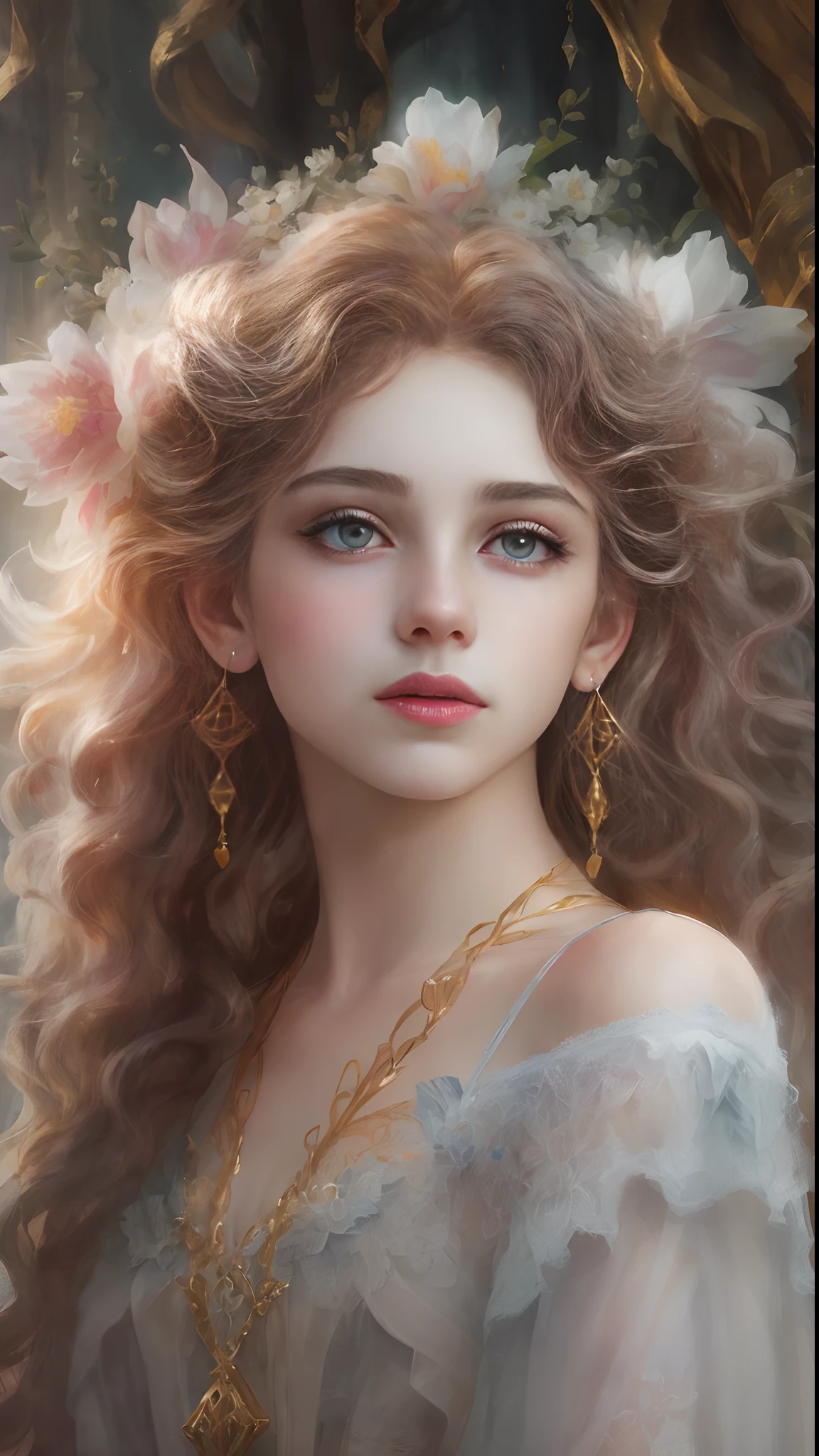 (Best quality, 4K, 8K, A high resolution, Masterpiece:1.2), Ultra-detailed, Realistic portrait of the upper body of an 18 year old aristocratic girl, Exquisite facial features，Clear and shiny eyes，Long curly hair details expressed, The posture is leisurely and natural，Graceful posture, The golden ratio of the head and body，Dreamy atmosphere, expressive brush strokes, mystical ambiance, Artistic interpretation,Delicately coiled hair，Floral crystal diamond jewelry with exquisite details，Small fresh aesthetics，Stunning intricate costumes, Fantasy illustration, Subtle colors and tones, mystical aura,The details have been upgraded