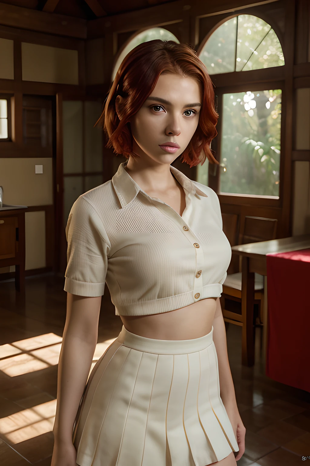 ((Realistic lighting, Best quality, 8K, Masterpiece: 1.3)), Clear focus: 1.2, 1girl like scarlett johansson,((na casa da floresta)), ((in the florest house)), Perfect Body Beauty: 1.4, Slim Abs: 1.1, ((red hair)), Super Fine Face, Fine Eyes, Double Eyelids, Pure Desire, slender, masterpiece, top quality, raw photo, photorealistic, face, incredibly absurd, beautiful girl, cute,short messy hair, depth of field, high resolution, ultra detail, fine detail, highly detailed, highly detailed eyes and face, sharp pupils, realistic pupils, sharp focus, cinematic lighting,schoolgirl uniform,