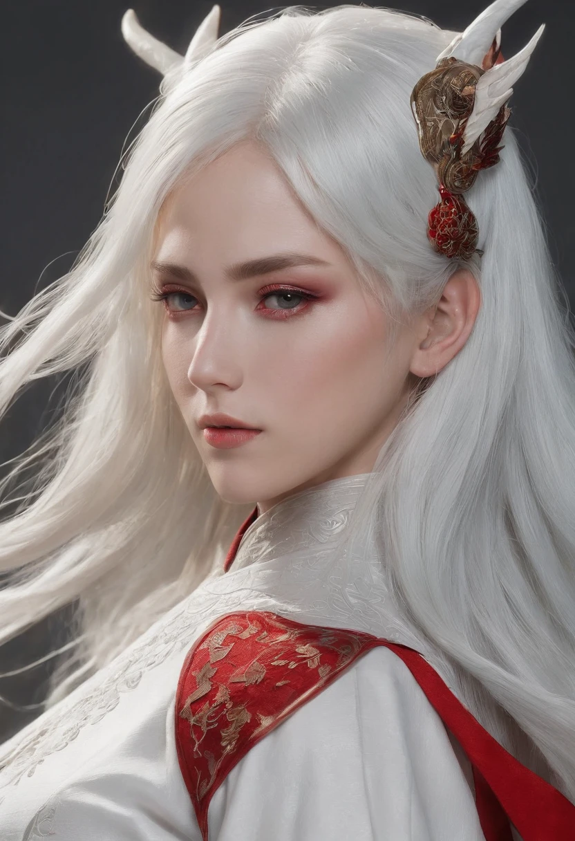 Cirilla Fiona Elen Riannon,动态照明,art stations,poster for,Volumetriclighting,Very detailed faces,4k wallpapers,He has a delicate and beautiful face,long hair flowing,horse tailed,Fringed Hair Ornament,Dynamic perspective,White Hanfu,White gauze flying,red waistband,Sexy,Tradition Chinese Ink Painting,Surrounded by clouds,fog atmosphere,Ride a white dragon,White dragon horn,dynamic viewing angle,电影灯光
