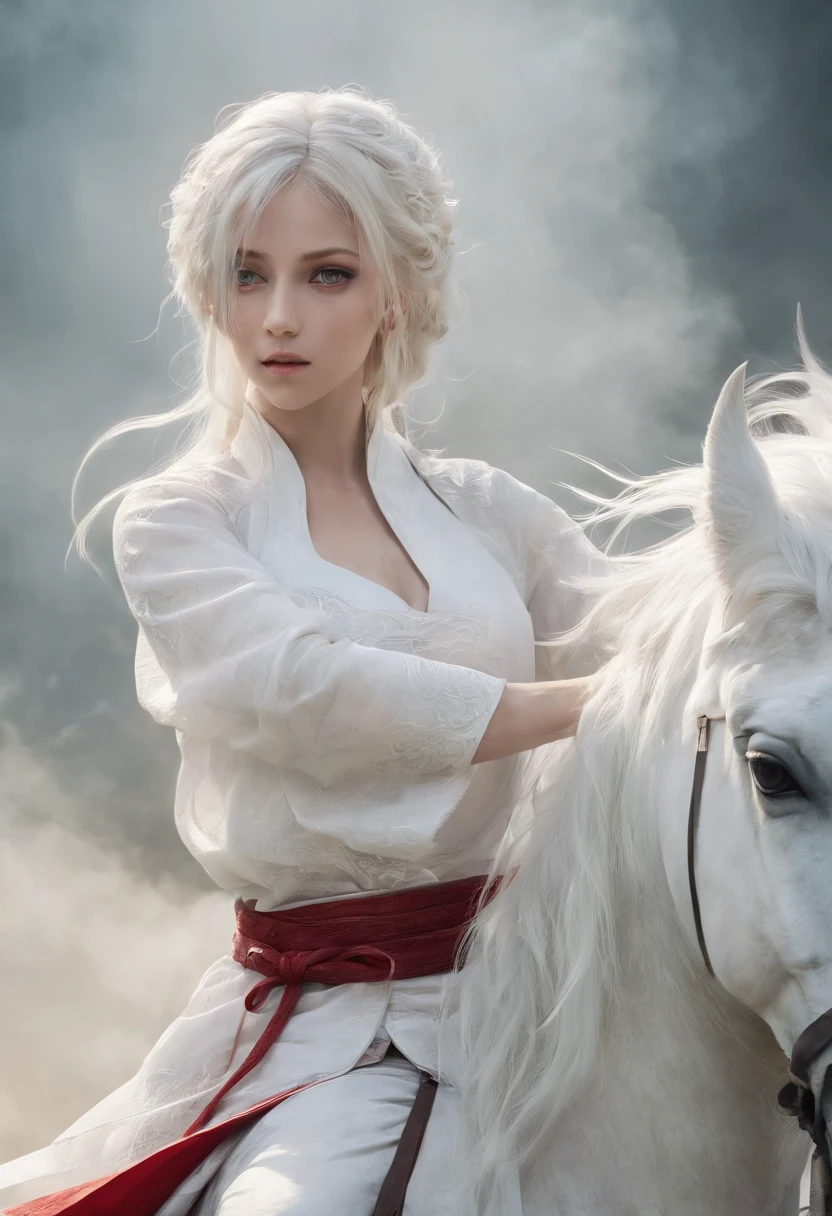Cirilla Fiona Elen Riannon，动态照明，art  stations，poster for，Volumetriclighting，Very detailed faces，4k wallpapers，He has a delicate and beautiful face，long hair flowing，horse tailed，Fringed Hair Ornament，Dynamic perspective，White Hanfu，White gauze flying，red waistband，Sexy，Tradition Chinese Ink Painting，Surrounded by clouds，fog atmosphere，Ride a white dragon，White dragon horn，dynamic viewing angle，电影灯光