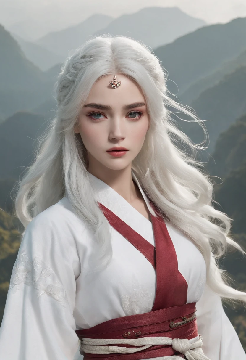 Cirilla Fiona Elen Riannon，动态照明，art  stations，poster for，Volumetriclighting，Very detailed faces，4k wallpapers，He has a delicate and beautiful face，long hair flowing，horse tailed，Fringed Hair Ornament，Dynamic perspective，White Hanfu，White gauze flying，red waistband，Sexy，Tradition Chinese Ink Painting，Surrounded by clouds，fog atmosphere，Ride a white dragon，White dragon horn，dynamic viewing angle，电影灯光