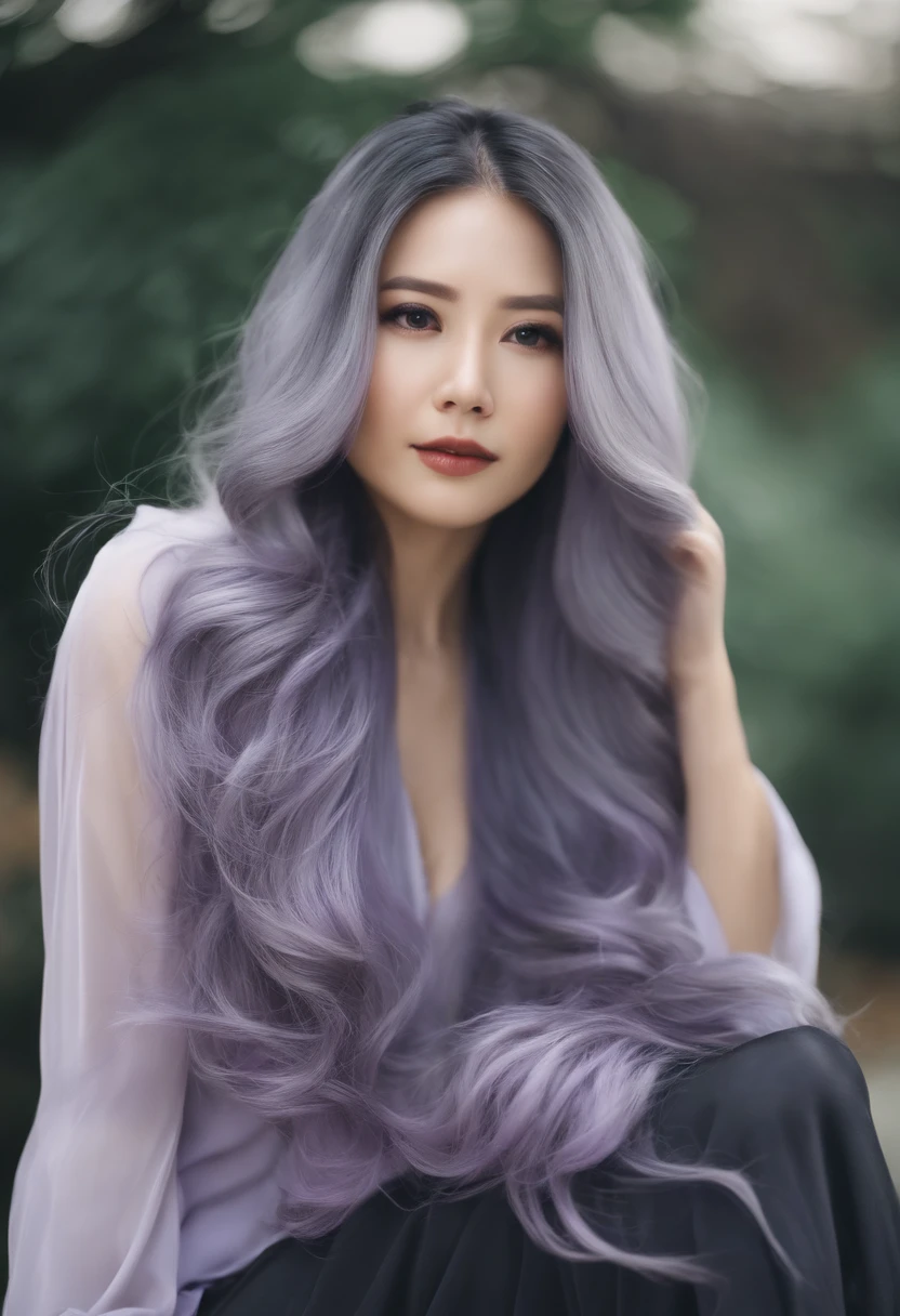 full body, a woman with long purple grey hair sitting on a stool, long light purple grey hair, long wavy purple grey hair, purple grey flowing hair, long hair with pastel colors, violet long hair, lilac hair, long silver hair purple grey tips, lavender hair, long violet hair, flowing purple grey hair, long purple grey hair, purple grey long hair, gorgeous young korean woman, light gray long hair,black stockings, see-through blouse, nsfw