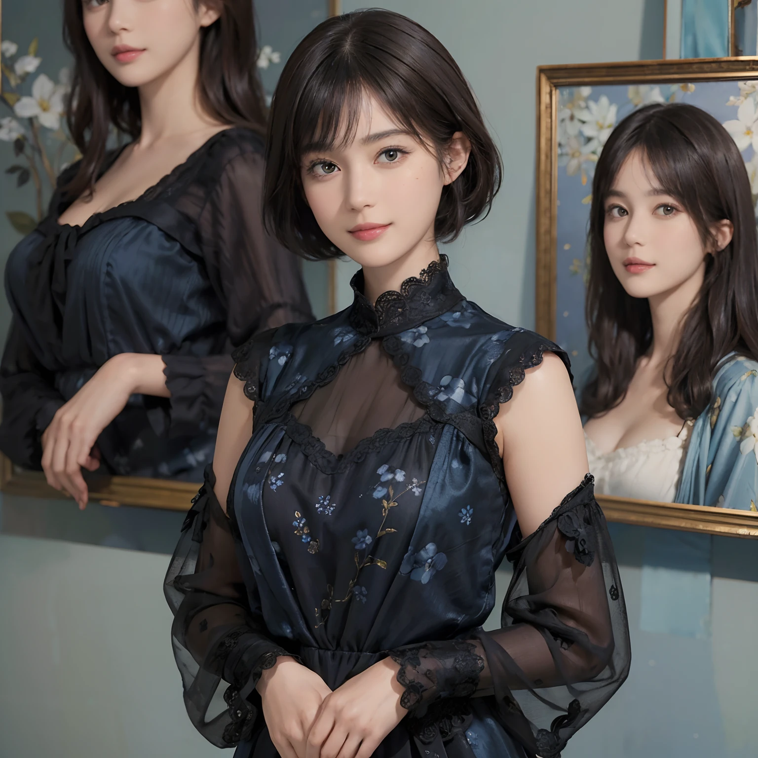 (((Black shorthair))), (Louvre Museum), Pose Seductive, (A hyper-realistic), (Illustration), (Increased resolution), (8KUHD), (Extremely detailed), (Best Illustration), (Beautiful and detailed eyes), (Best Quality), (ultra-detailliert), (masutepiece ), ( Wallpaper), (Detailed face), Solo, (One woman wearing blue clothes), (Floral clothing),  (Breast bulge), Fine details, Detailed face, Deep Shadows, lowkey, pureerosfaceace_v1, Smiling,  46 point slanted bangs,  (Stand in front of a painting)