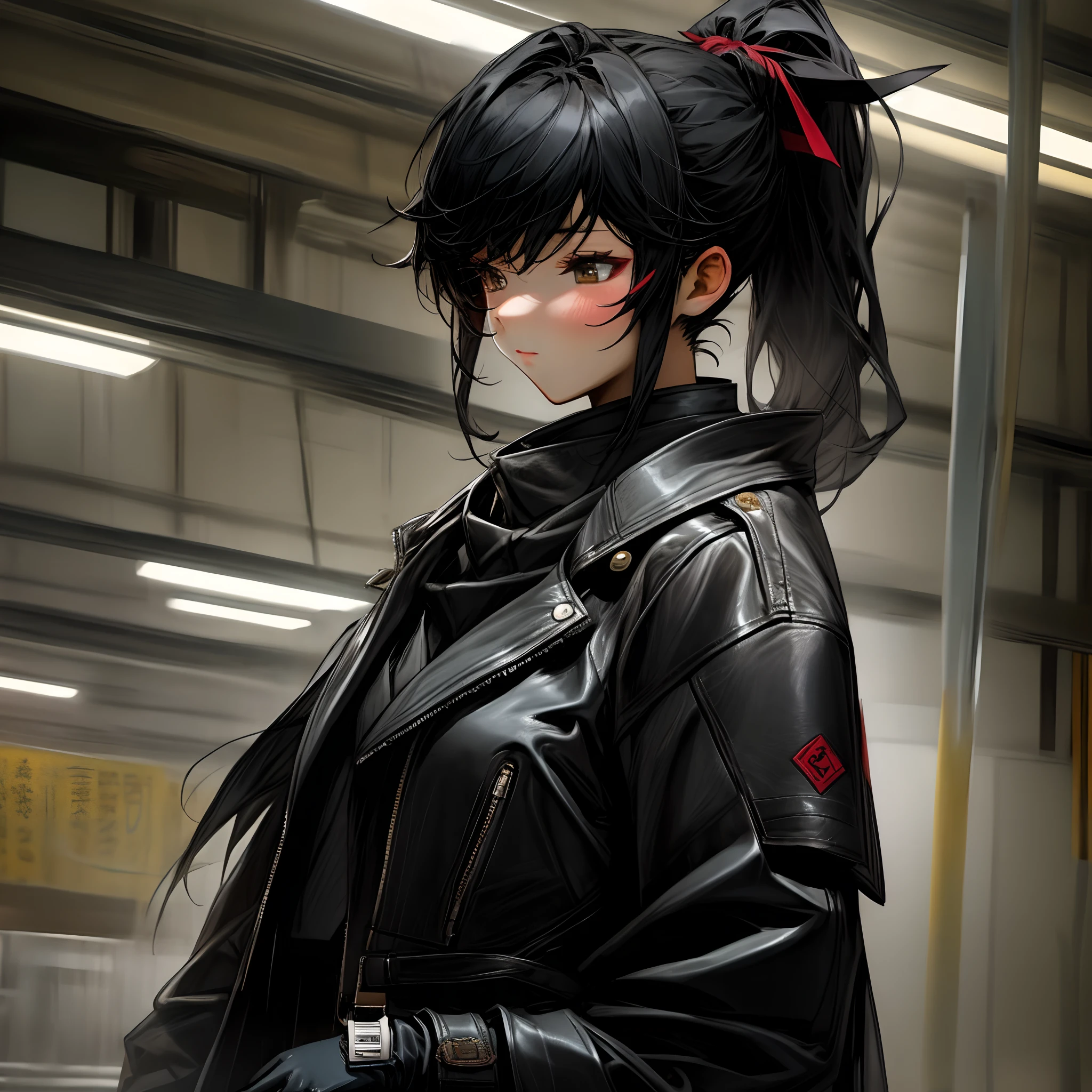Black leather gloves, black hair ponytail, Japanese girls, black leather riders jacket, upper body