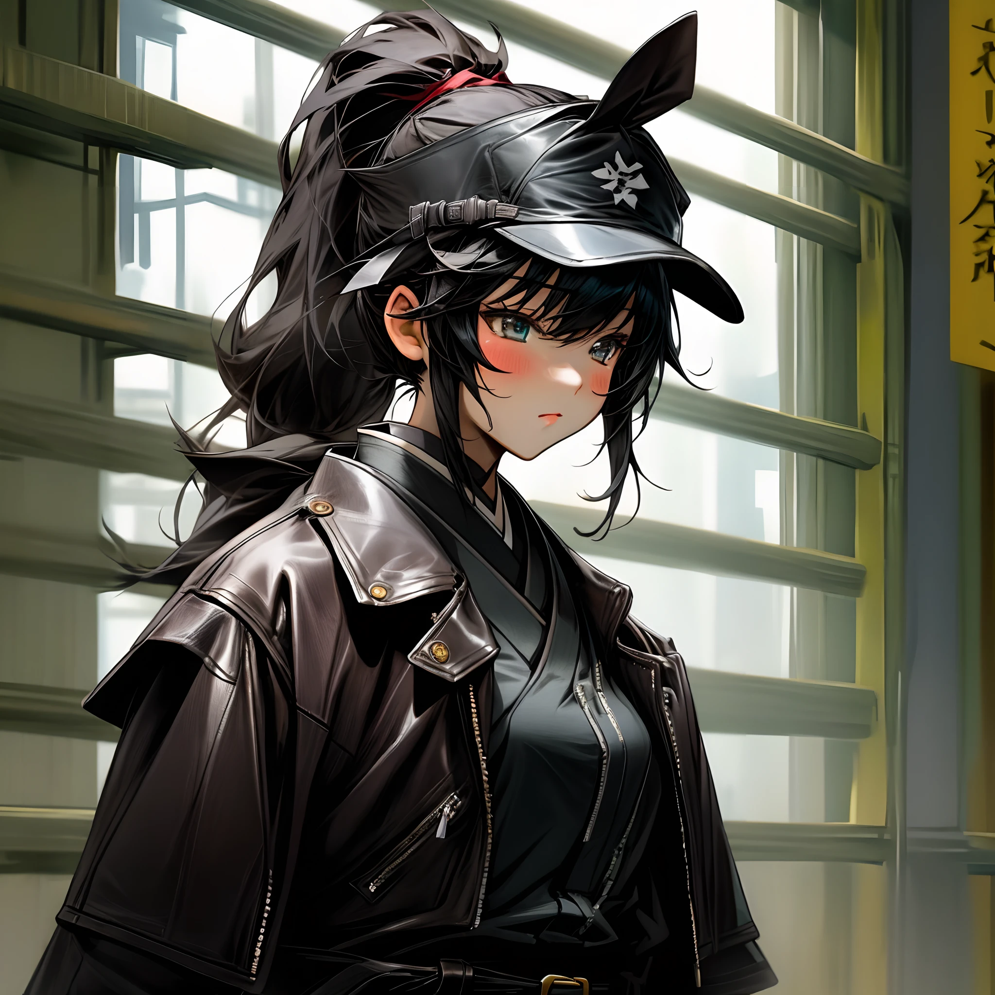 Black leather gloves, black hair ponytail, Japanese girls, black leather riders jacket, upper body