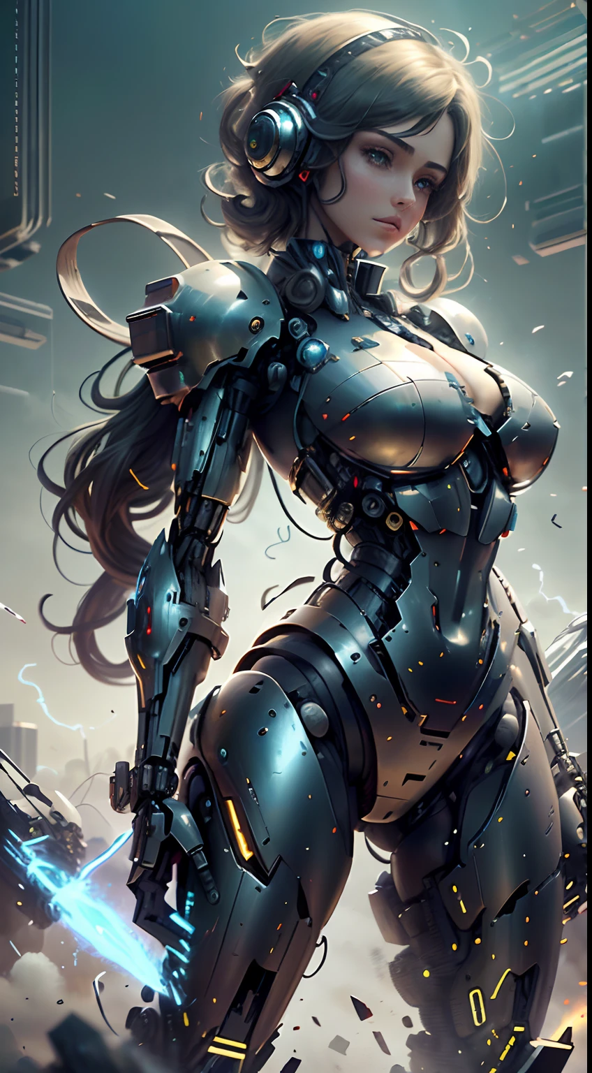(8k, La mejor calidad, Obra maestra:1.2 Hermosa mujer, pelo corto ojos azules Ojos azules 4k pechos grandes voluptuoso cuerpo entero, Usando armadura estilo Master Chef, condenar, precioso y hundido, sculptural body, usando mecha de metal desgastado, campo de batalla, alien planet, Alien structures destroyed by battle,
