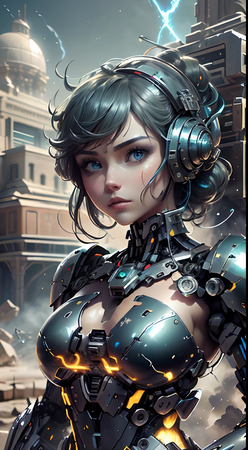 (8k, La mejor calidad, Obra maestra:1.2 Hermosa mujer, pelo corto  ojos azules Ojos azules 4k voluptuoso cuerpo entero, Usando armadura estilo Master Chef, condenar,  precioso y hundido, sculptural body, usando mecha de metal desgastado, campo de batalla, alien planet,  Alien structures destroyed by battle,