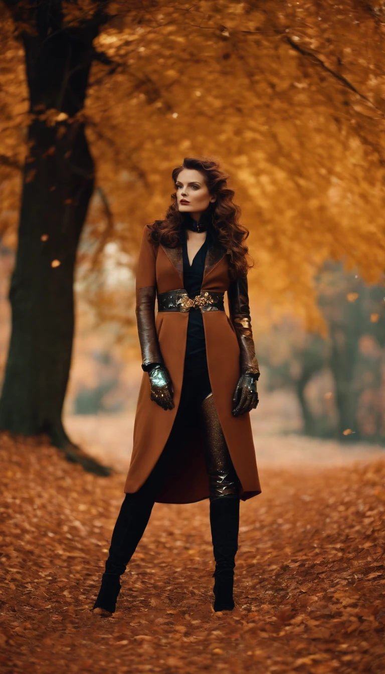 Galactic astrowave lunarpunk fashion in the style of autumnal steampunk retrofuturism, soft autumn leaf confetti, fluctuating ethereal depth of field, skewed realities, understated haute couture scifi activewear, iridescent pigment powder, holga medium format camera, lower body