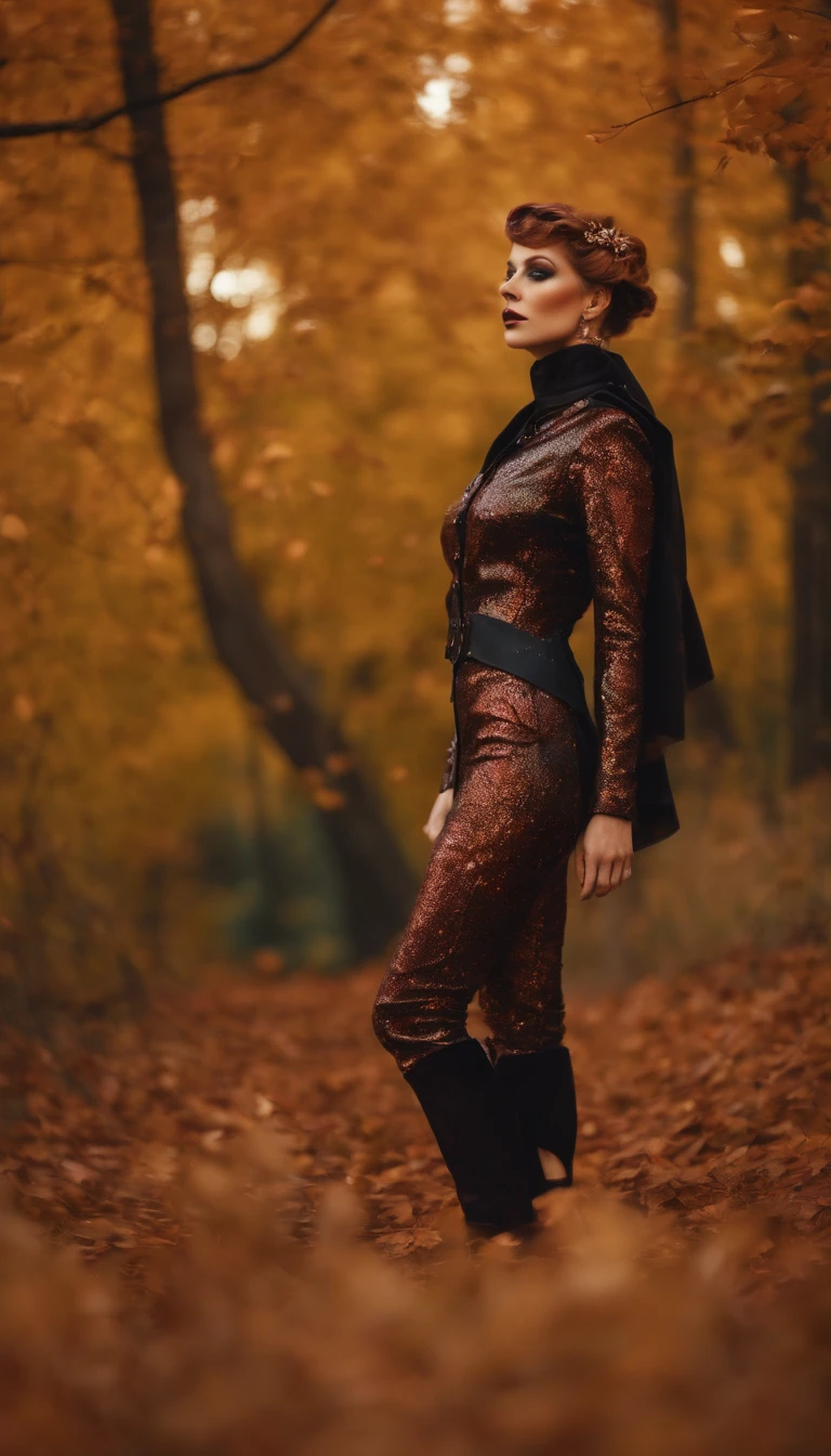 Galactic astrowave lunarpunk fashion in the style of autumnal steampunk retrofuturism, soft autumn leaf confetti, fluctuating ethereal depth of field, skewed realities, understated haute couture scifi activewear, iridescent pigment powder, holga medium format camera, lower body