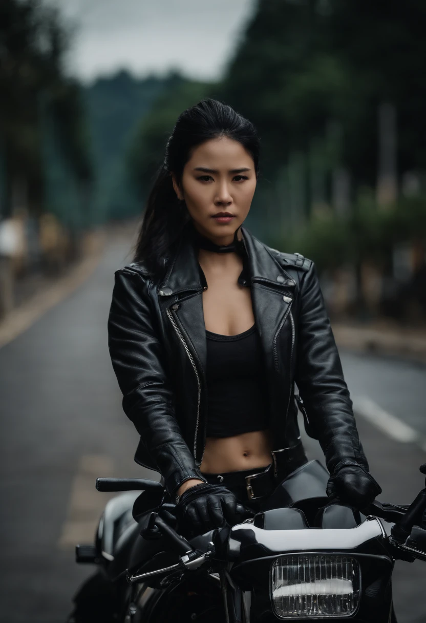 Black leather gloves, black hair ponytail, Japanese girls, black leather riders jacket, upper body