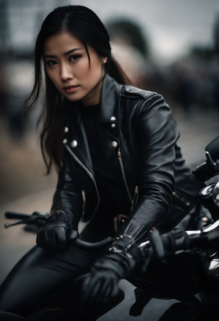 Black leather gloves, black hair ponytail, Japanese girls, black leather riders jacket, upper body