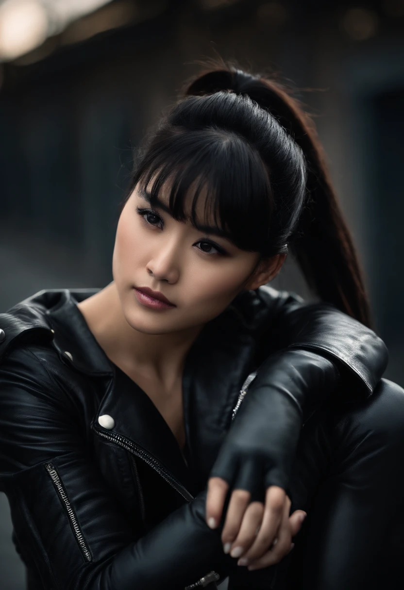 Black leather gloves, black hair ponytail, Japanese girls, black leather riders jacket, upper body