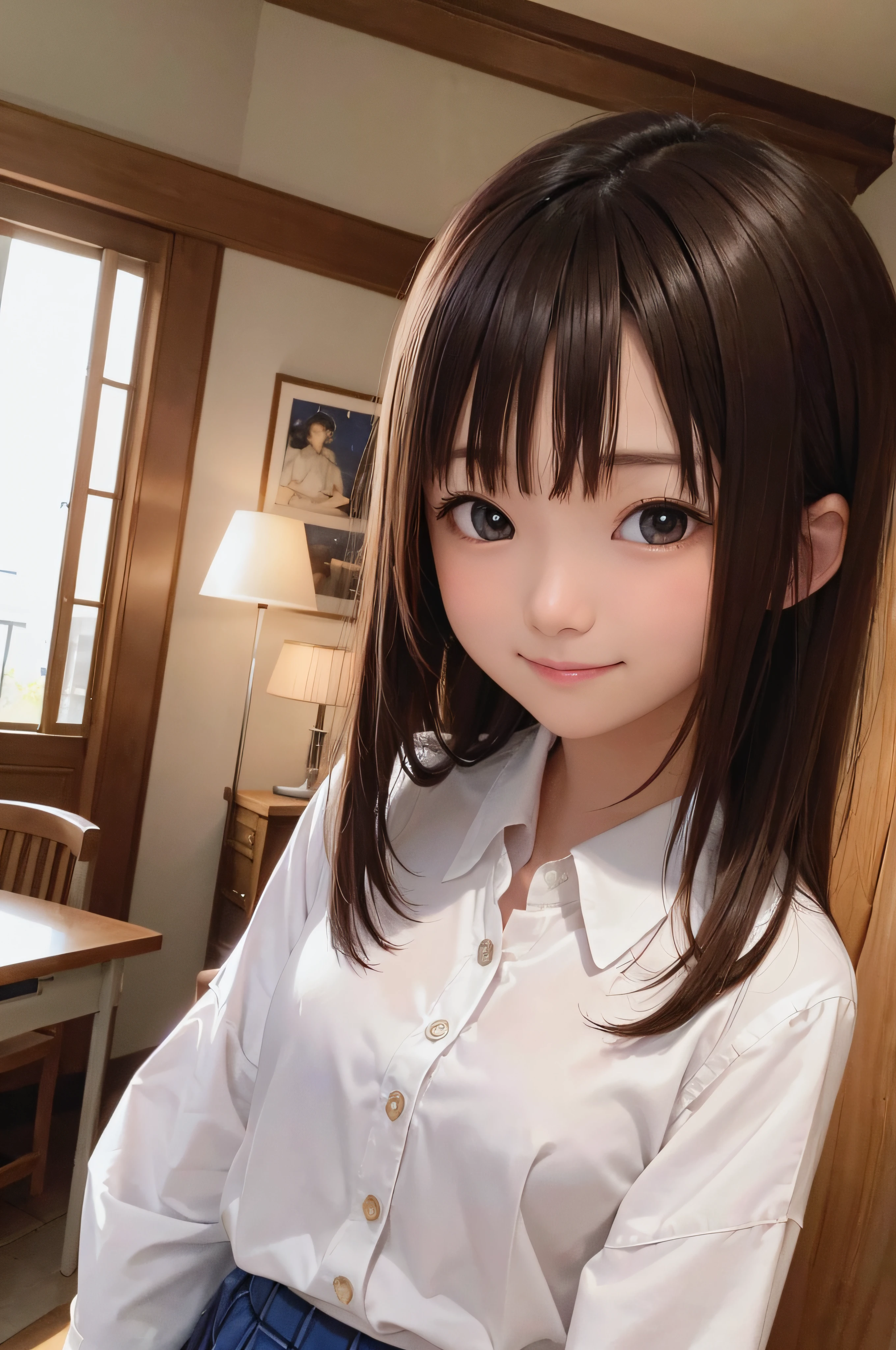 Completely immaculate background、White back、 student、soio、brown haired、beautidful eyes、real looking skin、A detailed eye、hi-school girl、(8K、masterpiece)、(reallistic、Photorealsitic)、top-quality、ighly detailed、The ultra-detailliert、Beautie、cute little、japanes、a smile、Close-up portrait、Healthy face、schools、School uniform、Cardigan、plaid skirts