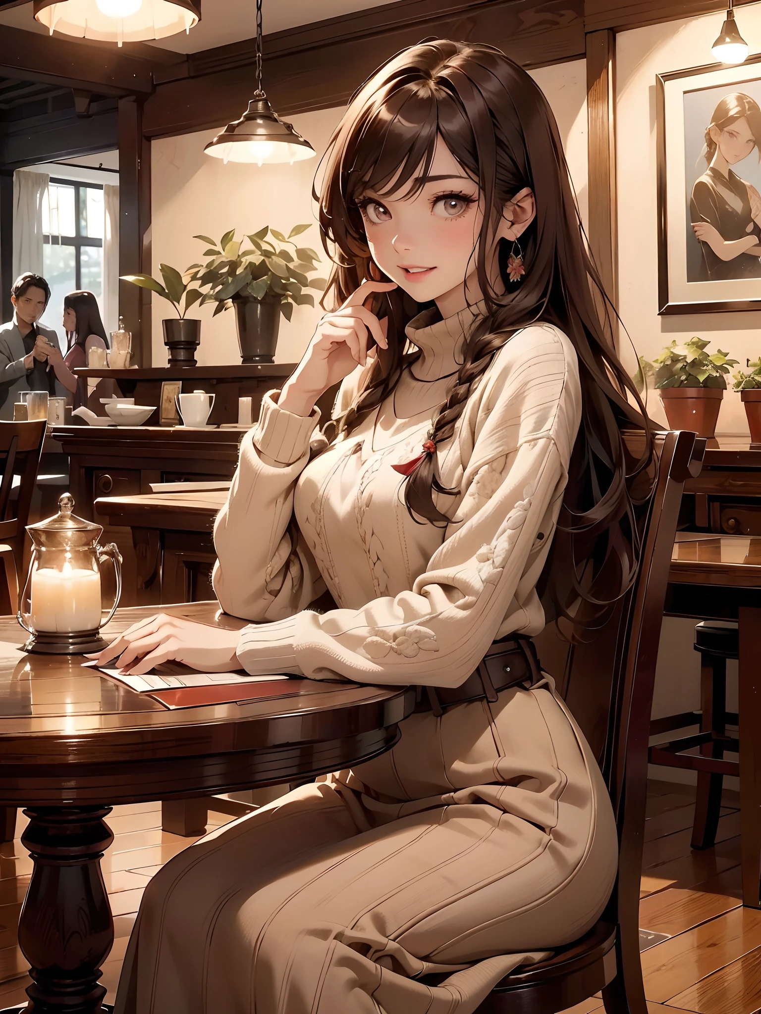 in 8K、masutepiece、masterpiece、 top-quality、The ultra -The high-definition、ighly detailed、超A high resolution, (fidelity: 1.2)、细致背景、extremely details CG、Wide View、longshot、wide Shots、Soft light illumination、 Old wooden café、Inside the store at night、Dark indoor、Old interior、Old lighting fixtures、Low-light interior、fireplace、Houseplants of standing trees、Picture frame painting、Calm interior、nostalgic ambiance、Table seating、One half-read book on the table、Glass placed on the table、Woman sitting on chair in seat、medium-sized chest、hand holding cup of coffee、de pele branca、Beautuful Women、(A detailed eye、Almond Eye、Brown eyes、Bright pupils、Gradient Eyes、finely detailed beautiful eye、big highlight on eyes:1.2)、(Red-brown hair、Medium Short、asymmetrical bangs、Side braided)、(with a belt、long skirt、Hand knitted sweater with floral pattern、blanket 、Paisley pattern、pumps)、thin and long legs、Beautiful hip line、Beautiful spine、constricted back、Toned waist、cheeks are a little red、beutiful breast、Breast is an A cup) 、(Round face: 1.4)、(Fine fingers、detailed arms、detailed human hands)、Laughing、Mouth open、teeth showing、