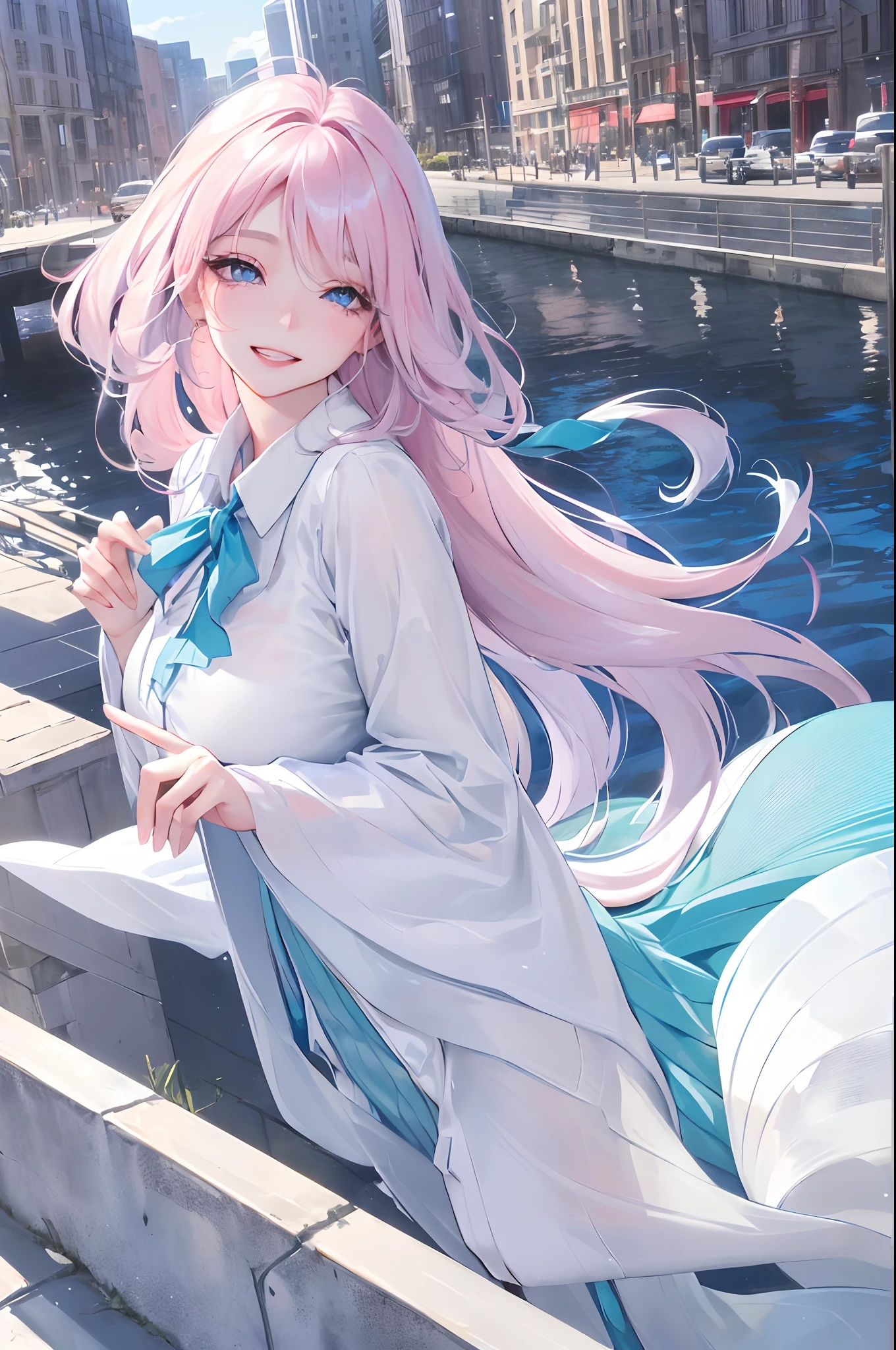 Official Art, Masterpiece, Sharp Focus, (Beautiful Gorgeous and Lovely Korean Woman: 1.3), (Beautiful and Lovely Korean: 1.3), Korean beauty, delicate and beautiful hair eyes and face, realistic, super detailed, beautiful girl, blue sky, luminous white particles, (side light:1.2), sunlight, white clouds, fine clouds, slim, cute big tits, big ass, grin, ((eyes open when laughing)), landscape, long straight hair, sexy expression, buildings, (city view: 1.7), dynamic hair, long straight hair, delicate platinum-pink hair, shiny blue eyes, (blue pleated shirt + white dress), white stockings, pale skin, hair dotted with epic landscapes,