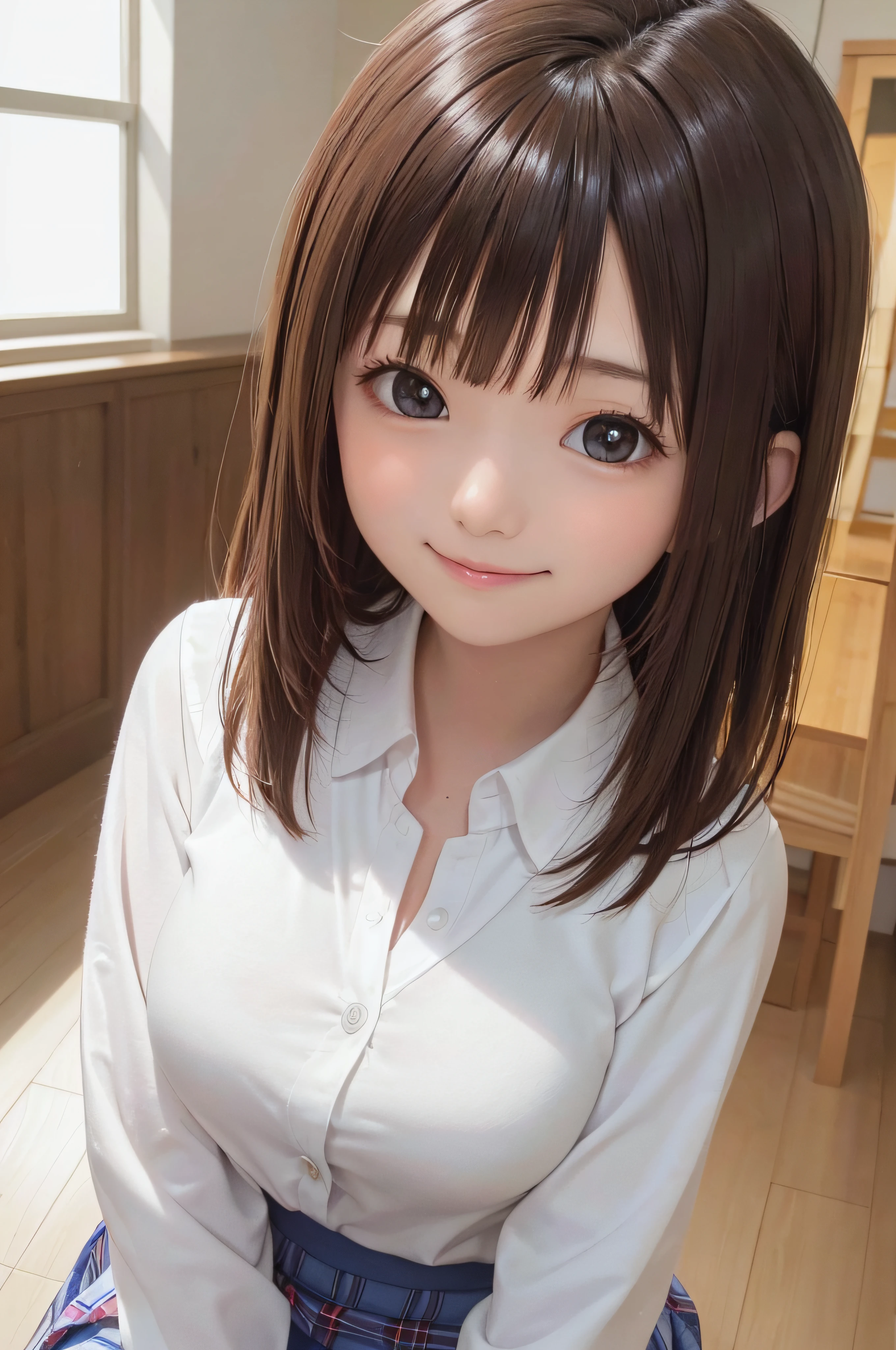 Completely immaculate background、White back、 student、soio、brown haired、beautidful eyes、real looking skin、A detailed eye、hi-school girl、(8K、masterpiece)、(reallistic、Photorealsitic)、top-quality、ighly detailed、The ultra-detailliert、Beautie、cute little、japanes、a smile、Close-up portrait、Healthy face、schools、School uniform、Cardigan、plaid skirts