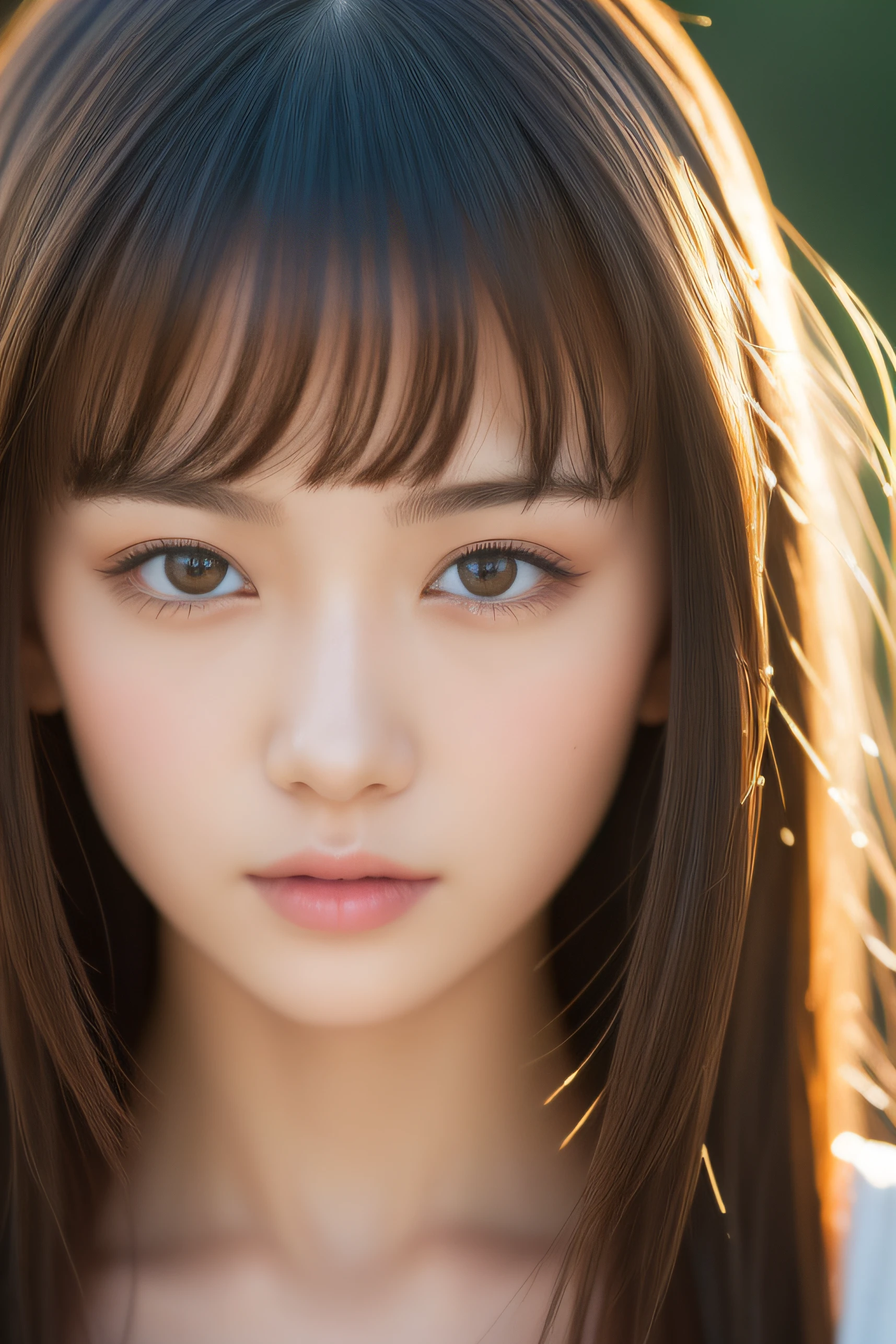 (High resolution:1.3), (16k, Photorealistic, Raw photo, Best image quality: 1.4), Japanese, (One Girl), Beautiful Face, (A vivid face), (Brown hair、Long Hair:1.3、bangs:1.5), (Brown Eyes 1.3), Beautiful Hairstyles, Realistic eyes, Beautifully detailed eyes, (Realistic Skin), Beautiful skins, attractive, 超A high resolution, Surreal, High detail, Golden Ratio, Highly detailed cute girl,(20-year-old)