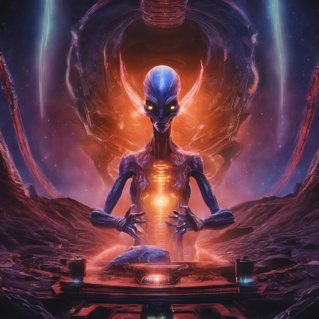 a giant transparent alien creature on a throne of power, detailed anatomy with glowing inner structures, powerful and imposing presence, dramatic lighting and shadows, ultra-detailed, cinematic composition, muted color palette, digital art