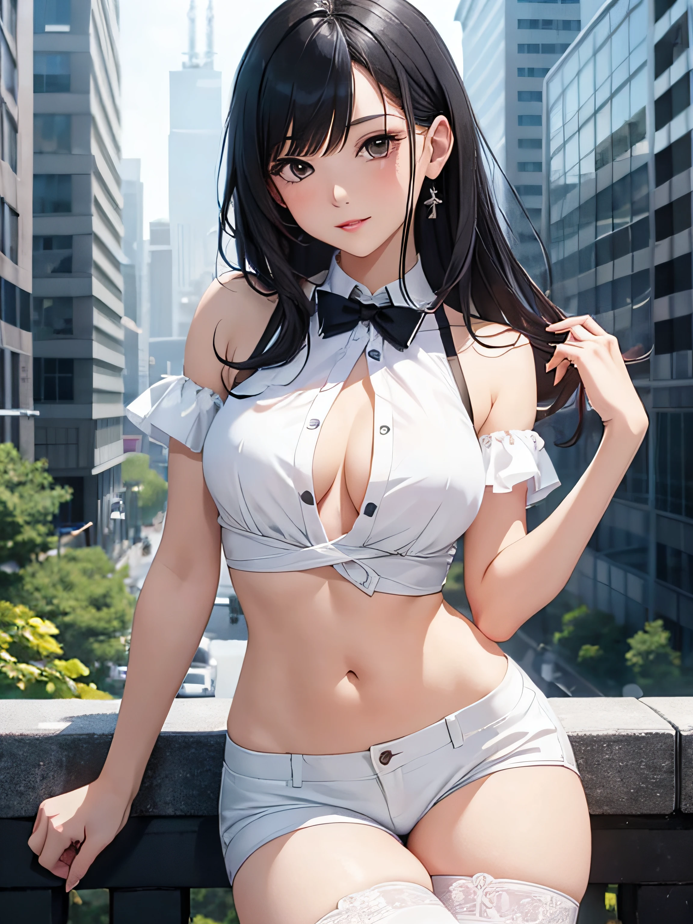 a girl with low-cut blouse, medium , white shorts, long stockings, flirtatious look, very well detailed, cityscape or academy, black hair,