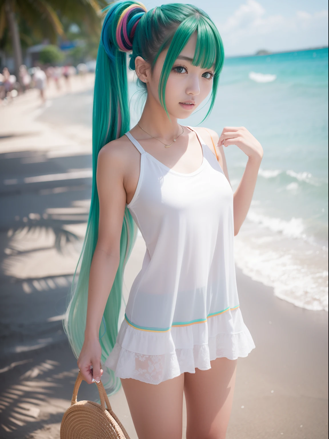 20 years girl,masutepiece , Best Quality,Nahida(GenshinImpact) ,Two girls, Very skinny,tiny chest,Long hair ,Side Ponytail, Hair Ornament ,Wear a see-through dress,Street, White hair , Green hair , hand behind head:1.5,multicolored hair, elf ,A beach crowded with people,Skinny Legs,smil,Tsundere,Bikini and colorful summer clothes,wear shirt,sandal,show hip,