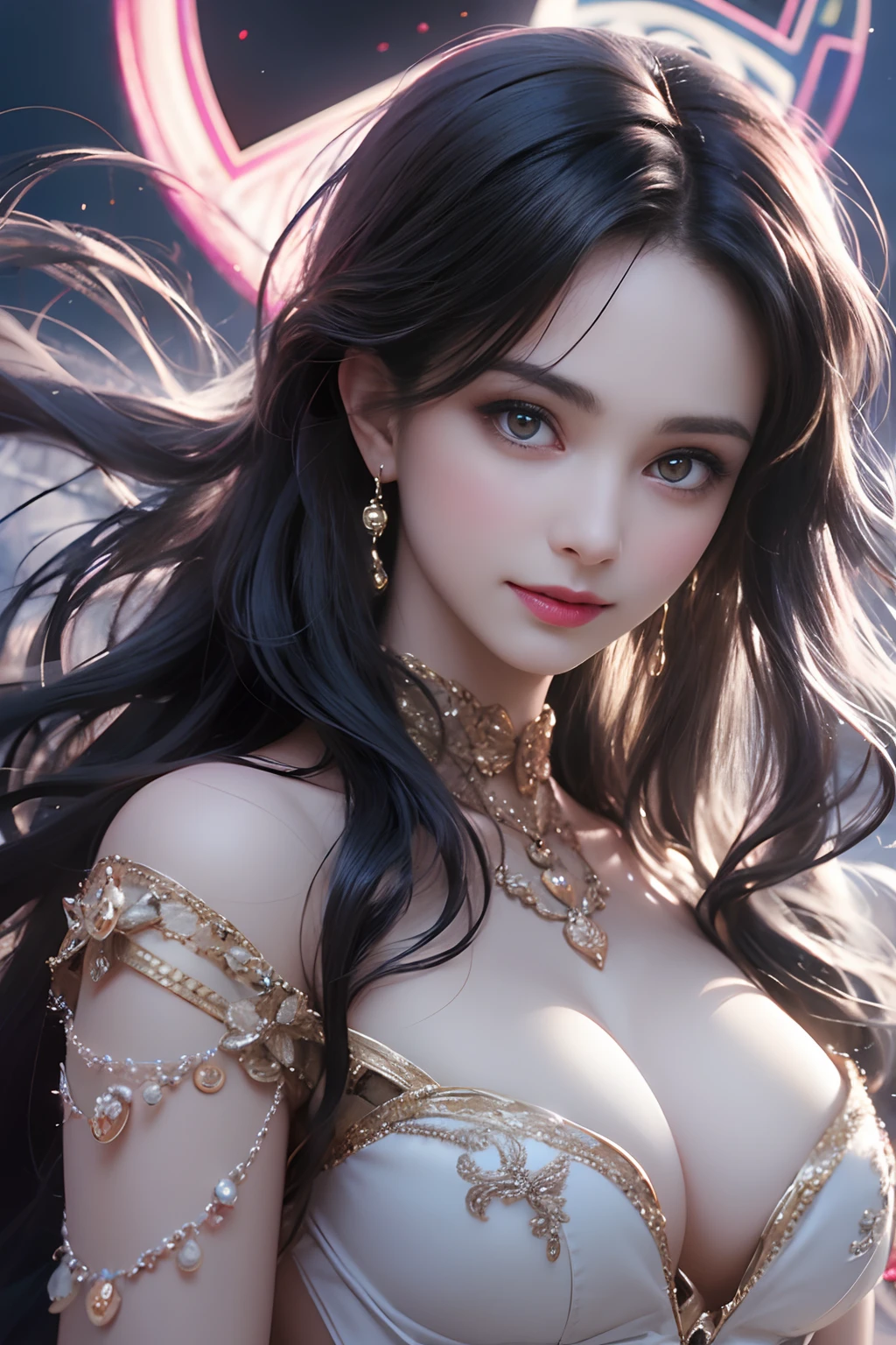 Highest Quality, Highest image quality, RAW Photos, Realistic, Photorealsitic, ultra detailed and beautiful, highest details, ung girls, good-looking, Beautiful fair skin and luster, Beautiful eyes are big and bright, Small mouth and thin lips, Long black hair blown in the wind, Good style and slenderness, (Beautiful big breasts:1.3), She has a cheerful personality and a cute smile..., Natural makeup, Pearl Pin Crips, (Fantasy see-through costume with cute details and wide breasts:1.3), portrait of cute girl, beautiful girl illuminated by seven colors of light, Irridescent color,