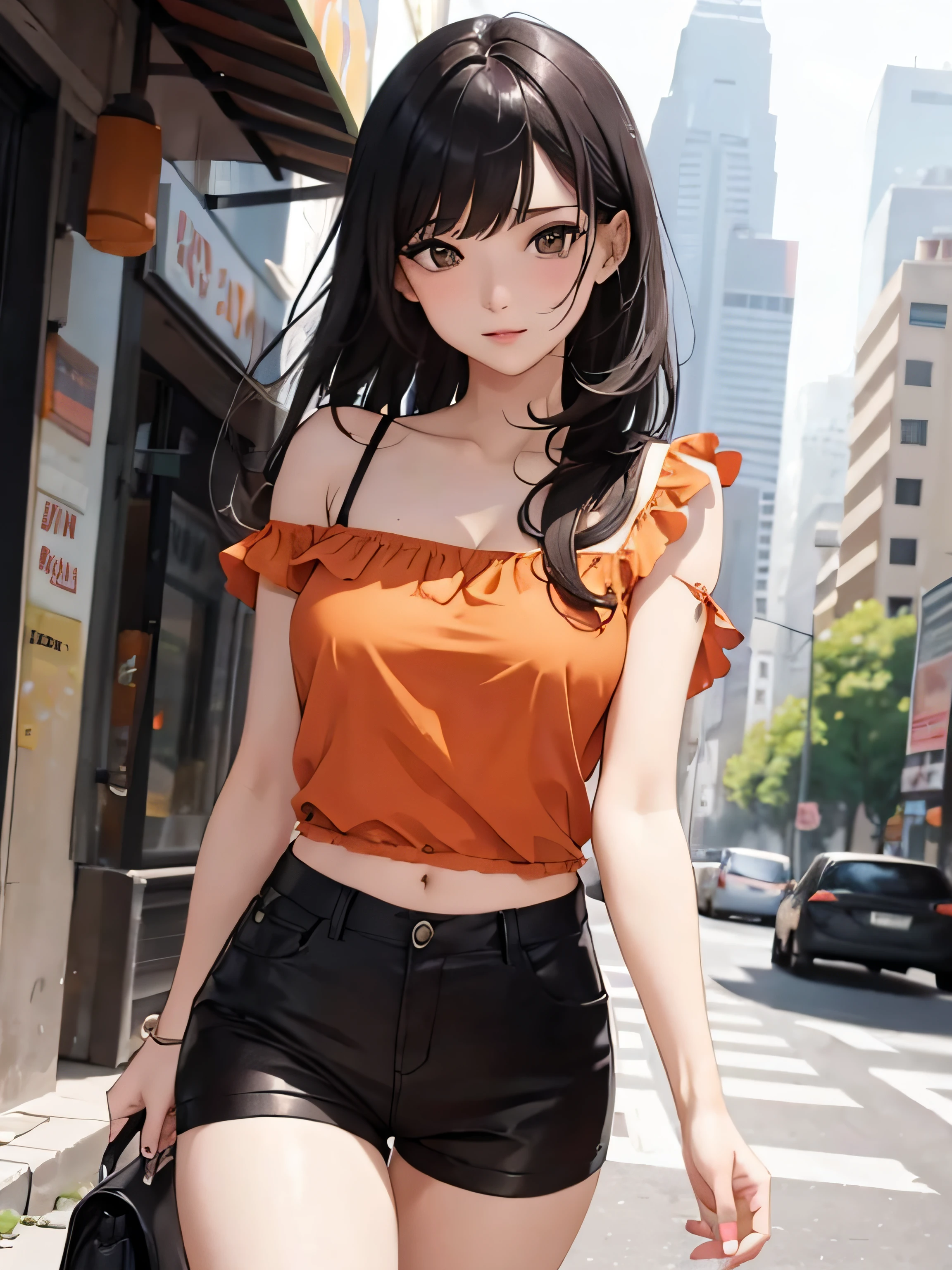 a girl with low-cut blouse, medium breasts, orange shorts, long stockings, flirtatious look, very well detailed, cityscape or academy, long black hair,