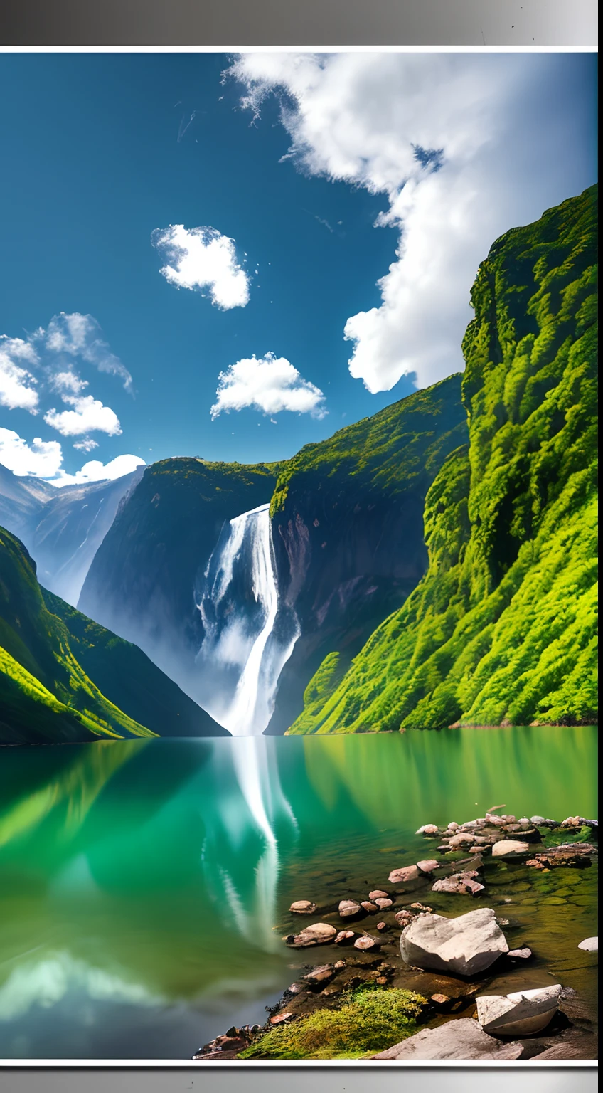 Masterpiece, ultimate quality, Cg unity 8k wallpaper, super delicate, beautiful sky and clouds, rich natural scenery, cliffs, lakes and rivers, waterfalls and flying water, beautiful green mountains, no trace of people, excellent scenery, has already won a photo contest, background Blurring, full depth of field, HDR high dynamics, true restoration, intricate, extreme details, dramatic presentation, perfectly presenting the style of midjourney art.