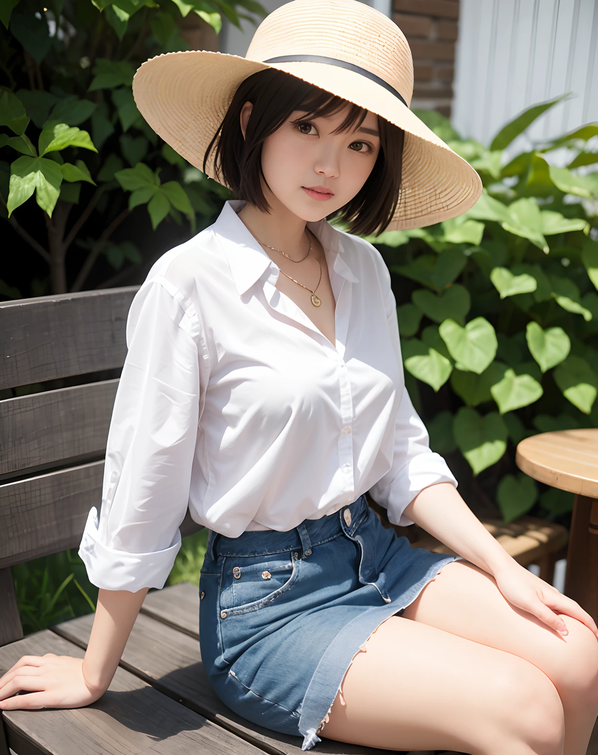 Summer barbecue、Woman sitting on chair wearing hat, fine white shirt, wearing a white button up shirt, in a white shirt, in a white shirt, Wearing a white shirt, wearing in shirt, Wearing a light shirt, digital art of an elegant, Wearing a blouse, wearing elegant casual clothes, Wearing a white blouse, White shirt、Denim miniskirt、Small bust、short-hair、a necklace、耳Nipple Ring