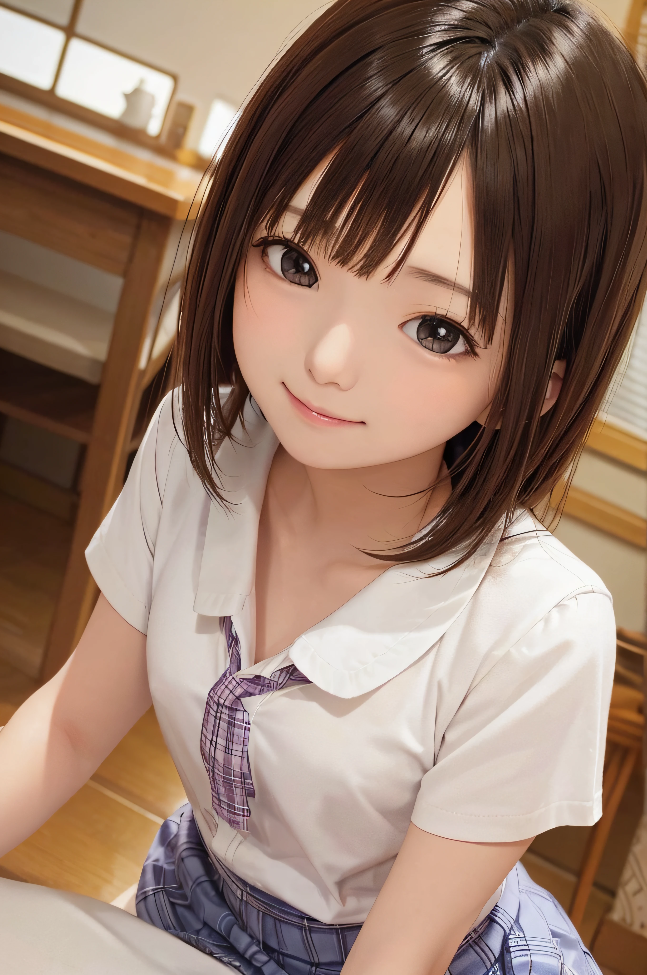 Completely immaculate background、White back、、soio、brown haired、beautidful eyes、real looking skin、A detailed eye、hi-school girl、small tits、tiny chest、(8K、masterpiece)、(reallistic、Photorealsitic)、top-quality、ighly detailed、The ultra-detailliert、Beautie、cute little、japanes、a smile、Close-up portrait、Healthy face、schools、School uniform、Cardigan、plaid skirts