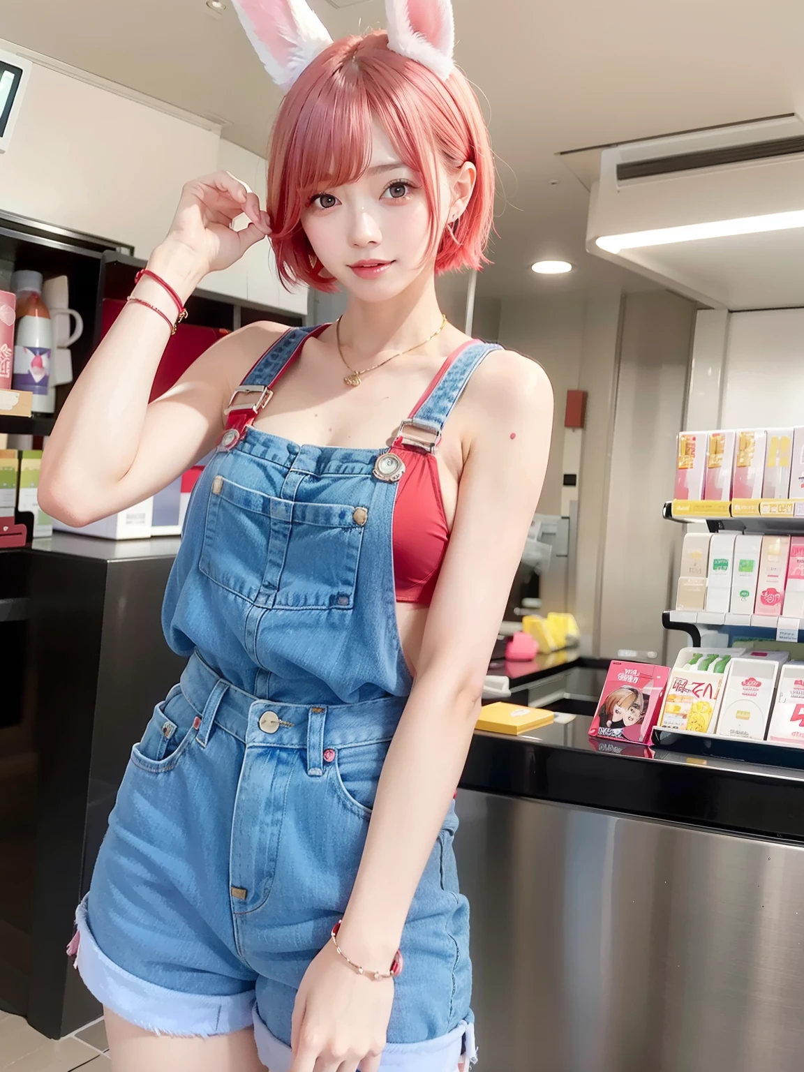 red bikini、red bra、Red panties、Pink short cut hair