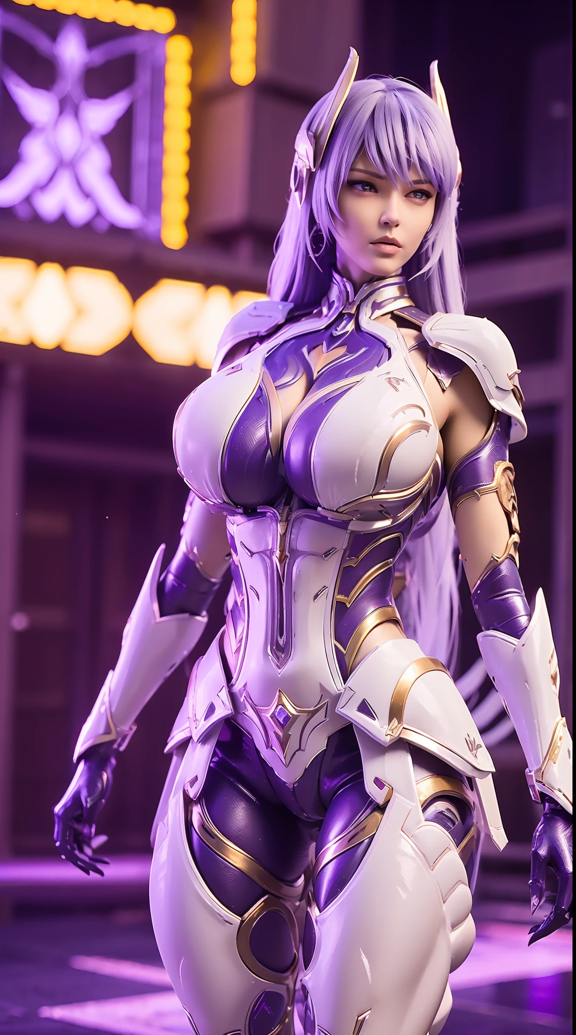 A WOMAN, BEAUTIFULL FACE, HUGE BOOBS, RGB, WHITE, GOLD, PURPLE, MECHA ARMOR FULL SUIT, (CLEAVAGE), (A PAIR LARGEST WINGS), TRANSPARANT, TALL LEGS, STANDING, SEXY BODY, MUSCLE ABS.