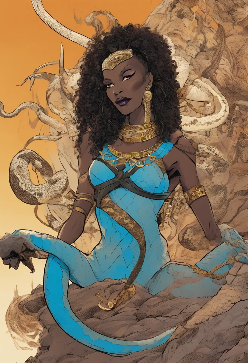 Medusa, animated film still, snake skin dress, (blue sky, golden brown desert, canyons,), (Asteroid City, Afro Samurai, Looney Tunes), hand drawn ink on paper illustration, (lamia, gorgon, snake woman hybrid, human upper-body, snake tail lower-body), fullbody, snake-haired, bald, hairless, (face, ornate black metal corpse paint, resembles Grace Jones), (art style "Sean Gordon Murphy" comic drawing, splash panel), body drawn in Frederic Delavier musculature anatomical illustration art style, candid, the snake-haired head is covered in snakes that resemble pantera great southern trendkill,