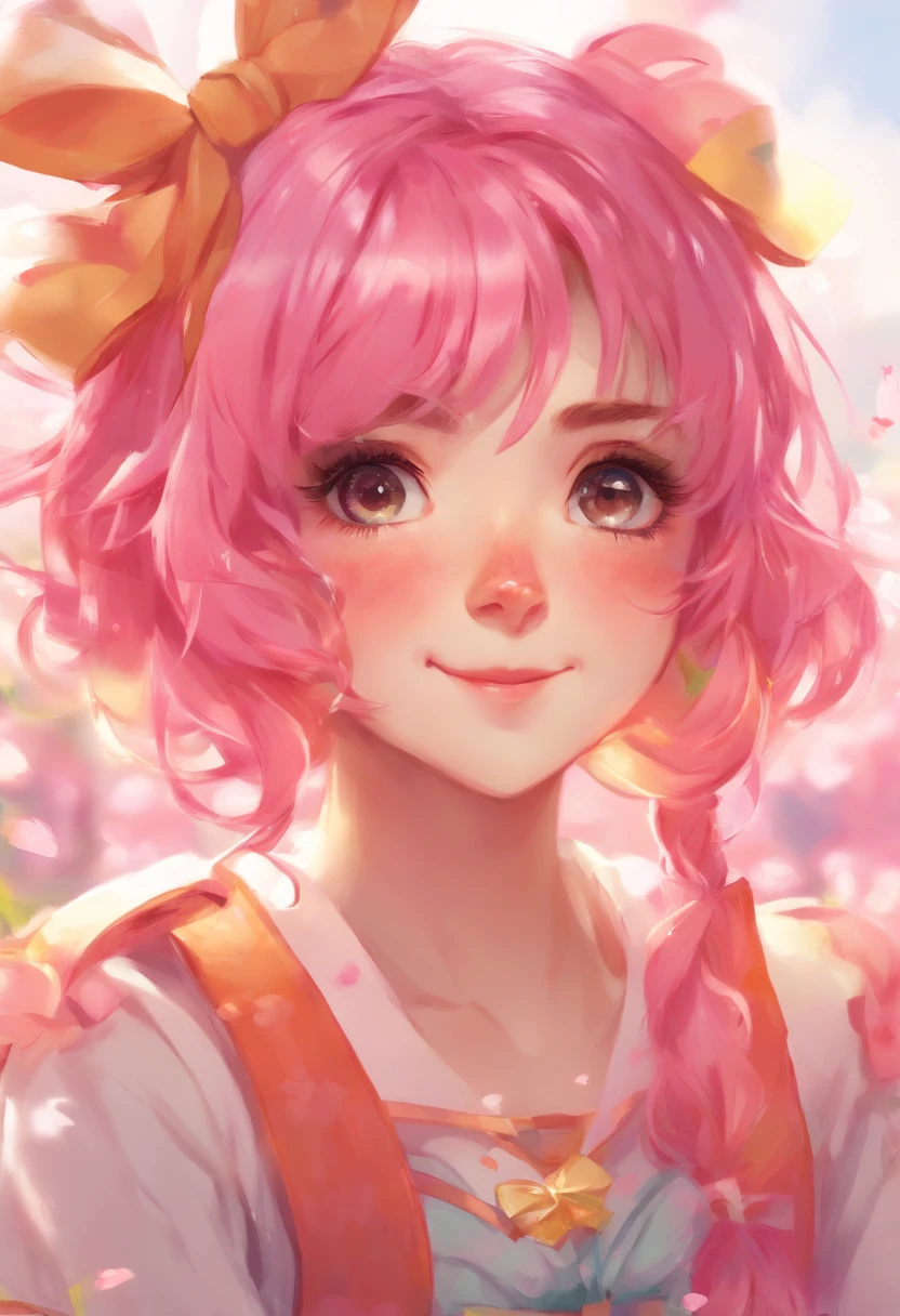 Anime girl with pink hair and a bow in her hair, kawaii realistic portrait, Guweiz, Portrait of a magical girl, niedlicher Charakter, Niedlicher Kunststil, Anime Moe Kunststil, Charakterkunst der Ahorngeschichte, cute portrait, Cute Anime Girl Portrait, Portrait of a small character, Kunstwerk im Stil von Guweiz, Splash Art Anime 