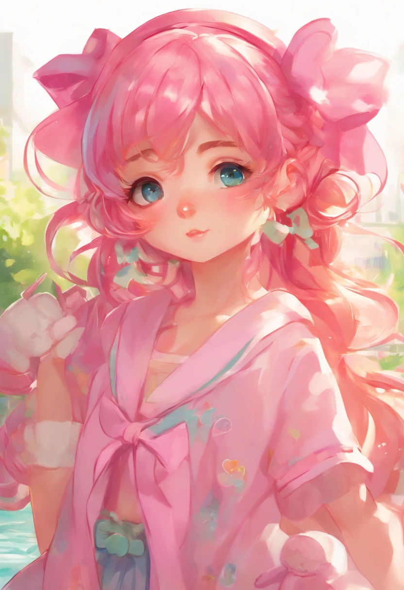 Anime girl with pink hair and a bow in her hair, kawaii realistic portrait, Guweiz, Portrait of a magical girl, niedlicher Charakter, Niedlicher Kunststil, Anime Moe Kunststil, Charakterkunst der Ahorngeschichte, cute portrait, Cute Anime Girl Portrait, Portrait of a small character, Kunstwerk im Stil von Guweiz, Splash Art Anime Loli