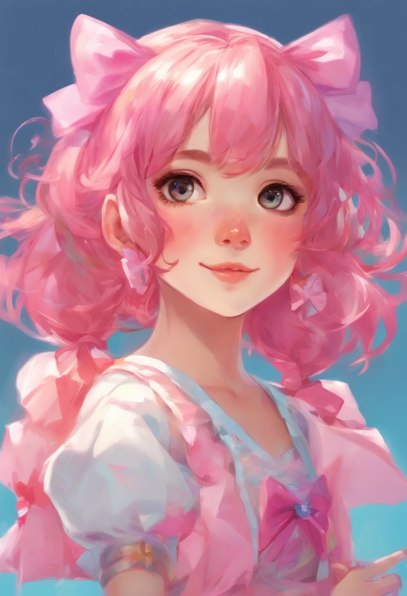 Anime girl with pink hair and a bow in her hair, kawaii realistic portrait, Guweiz, Portrait of a magical girl, niedlicher Charakter, Niedlicher Kunststil, Anime Moe Kunststil, Charakterkunst der Ahorngeschichte, cute portrait, Cute Anime Girl Portrait, Portrait of a small character, Kunstwerk im Stil von Guweiz, Splash Art Anime