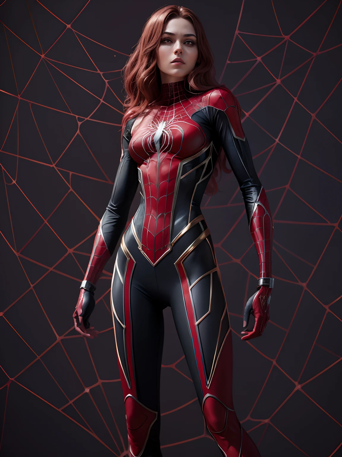 skinny spider girl superhero, red and white suit, Rendered in stunning 24k resolution, every intricate detail of her spidy superhero life on display, a symbol of her unwavering faith and courage.