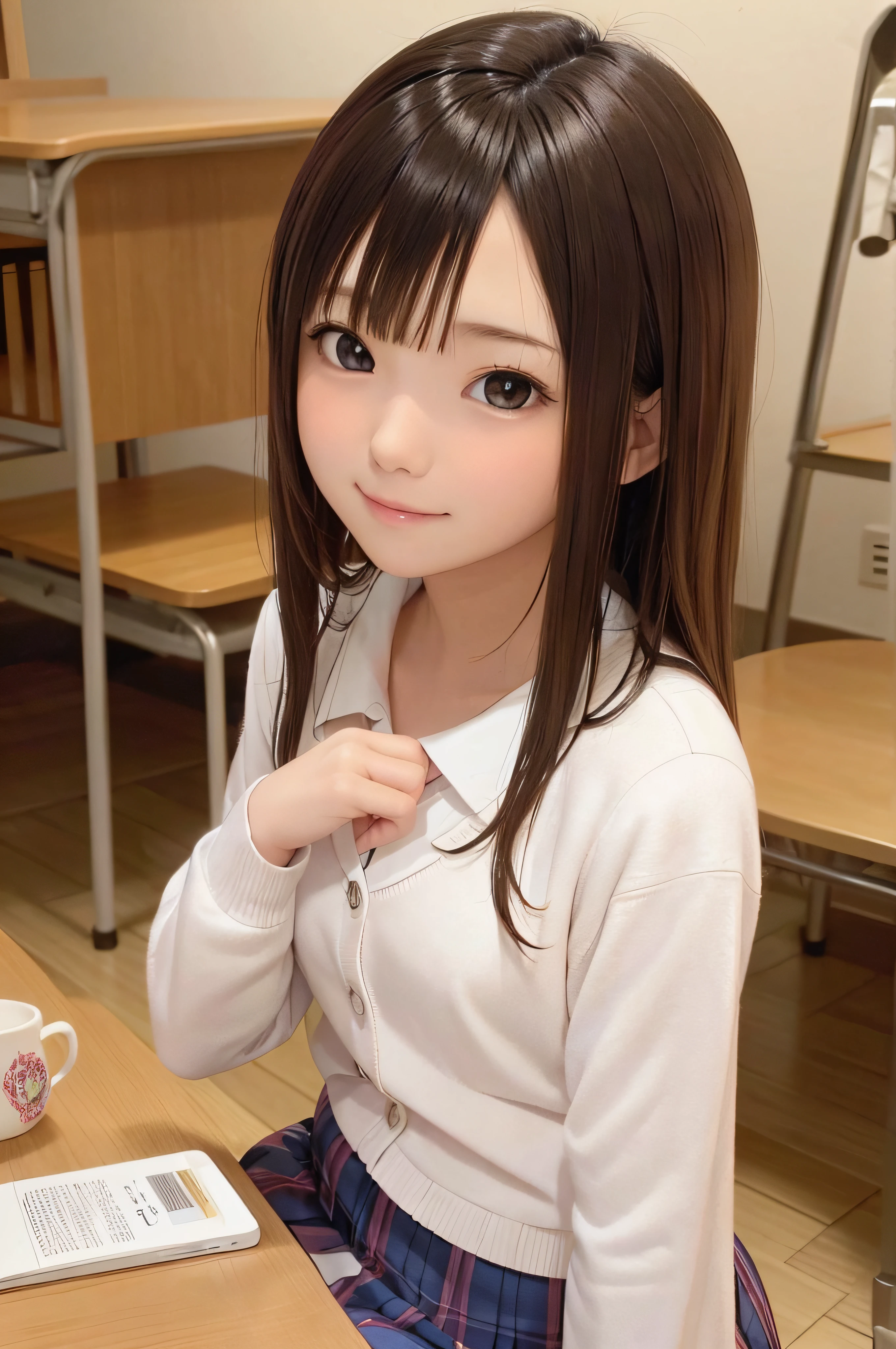 Completely immaculate background、White back、、soio、brown haired、beautidful eyes、real looking skin、A detailed eye、hi-school girl、small tits、tiny chest、(8K、masterpiece)、(reallistic、Photorealsitic)、top-quality、ighly detailed、The ultra-detailliert、Beautie、cute little、japanes、a smile、Close-up portrait、Healthy face、schools、School uniform、Cardigan、plaid skirts