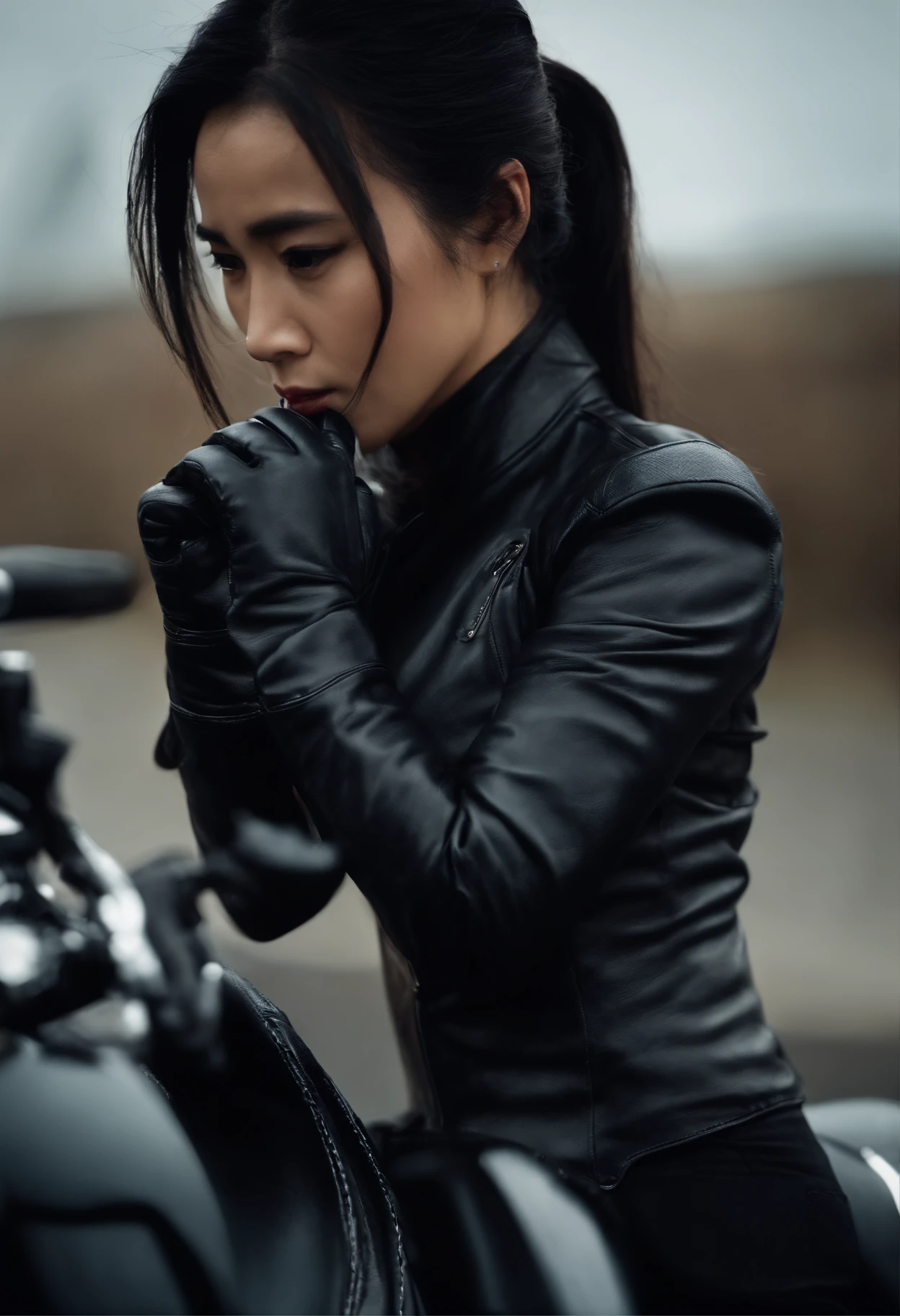Black leather gloves, black hair ponytail, Japanese girls, black leather riders jacket, upper body