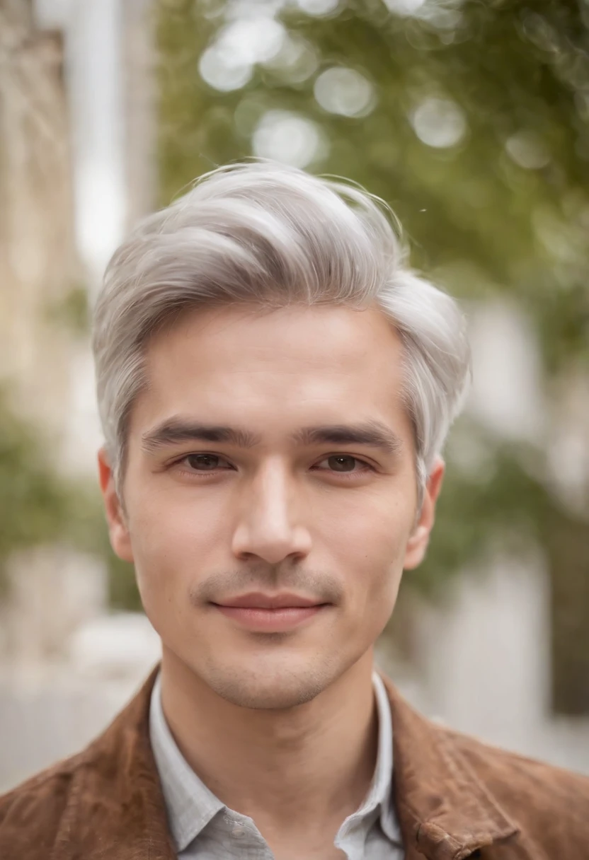 Portrait of handsome man 30 years old round face cinematic appearance、Silver Hair、Brown jacket、White button-down shirt、kindly smile、