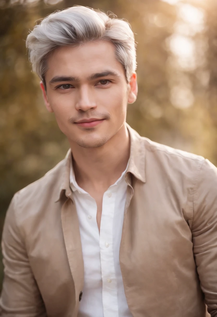 Portrait of handsome man 30 years old round face cinematic appearance、Silver Hair、Brown jacket、White button-down shirt、kindly smile、