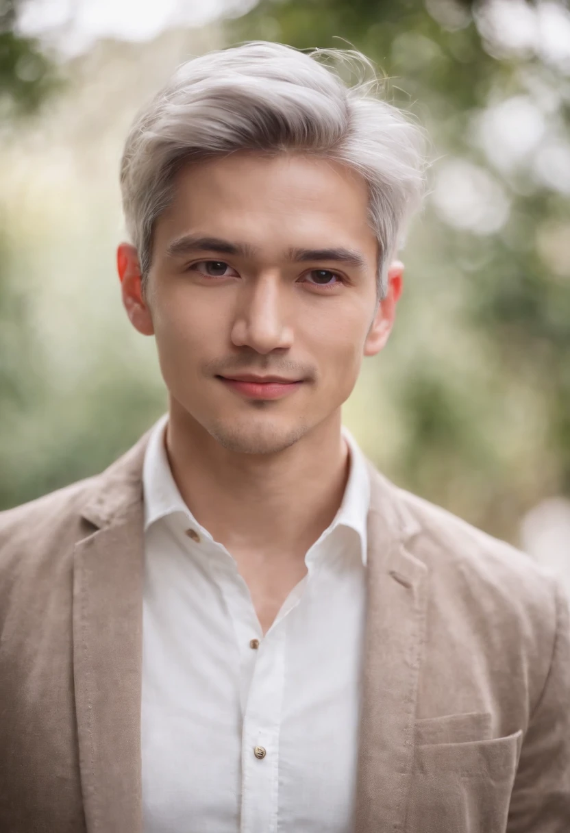 Portrait of handsome man 30 years old round face cinematic appearance、Silver Hair、Brown jacket、White button-down shirt、kindly smile、